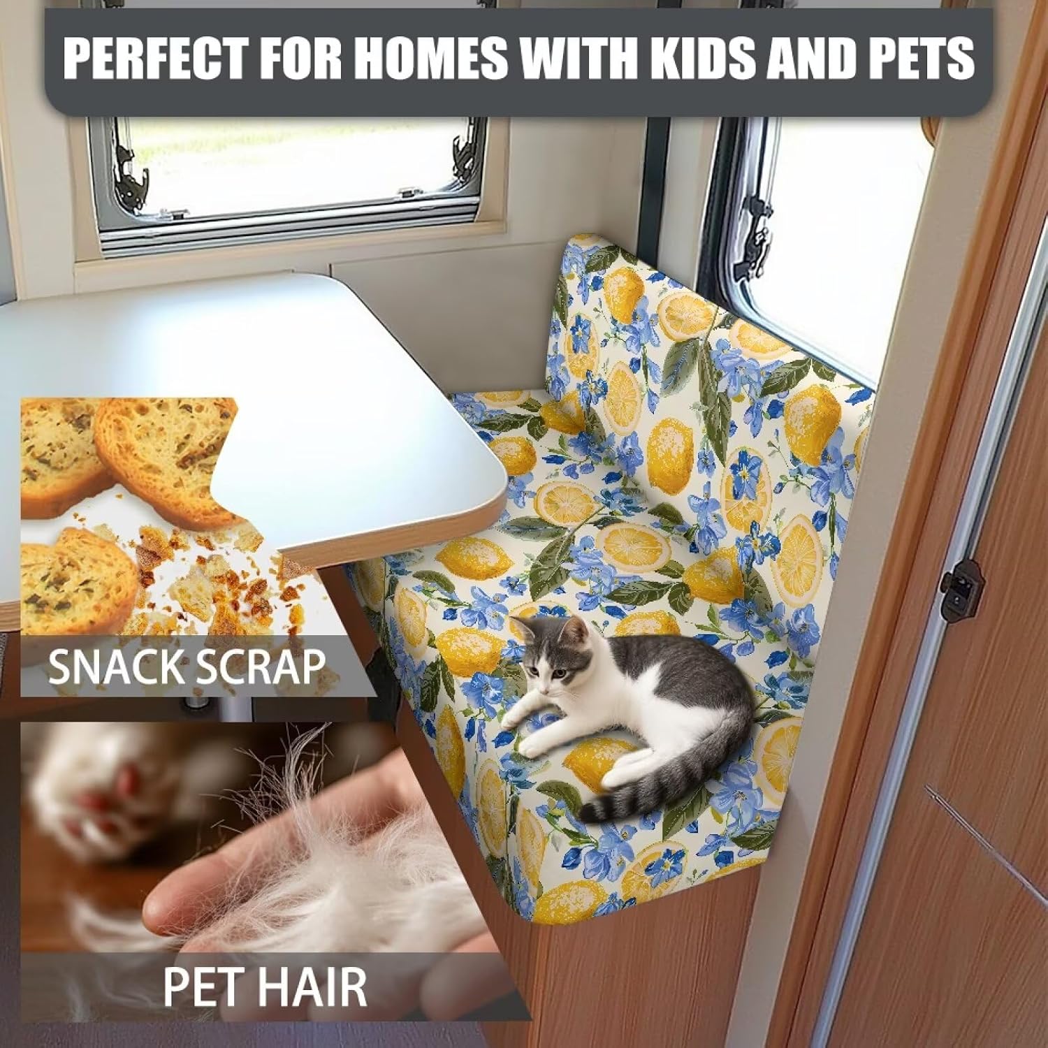 Pensura 2 Set Camper Dinette Cushion Covers Stretchable Floral Lemon Rv Seat Covers Replacement Couch Cushion Slipcovers for Travel Trailer Couch Washable Sofa Furniture Protection