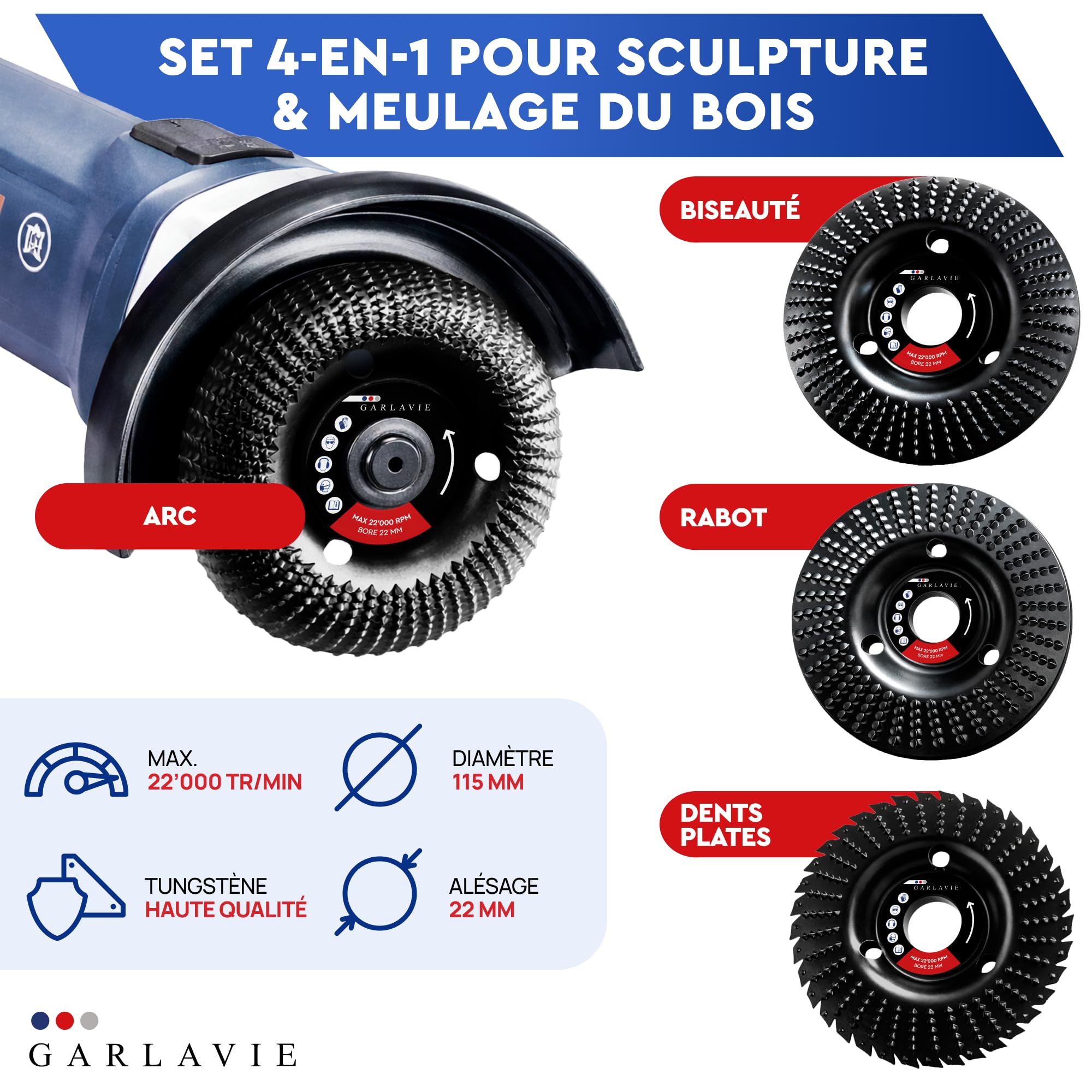 Professionnel Disque Bois Meuleuse 115 mm – Lot 4 Pièces pour Meuleuse d’Angle | Râpe, Fraisage, Sculpture, Fraise Racine