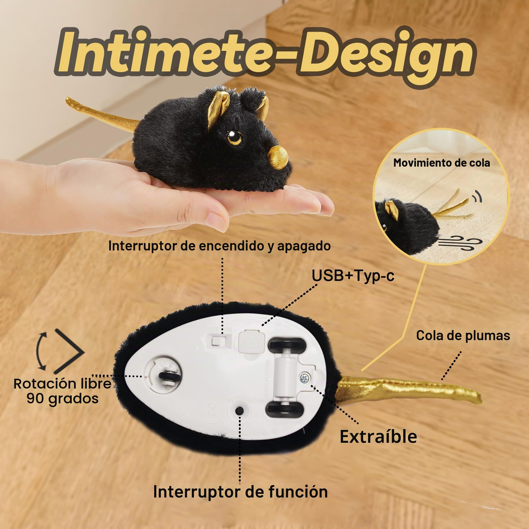Vealind Juguete Eléctrico para Gatos, Ratón de Juego con Movimiento, Recargable por USB, Interactivo (Negro)