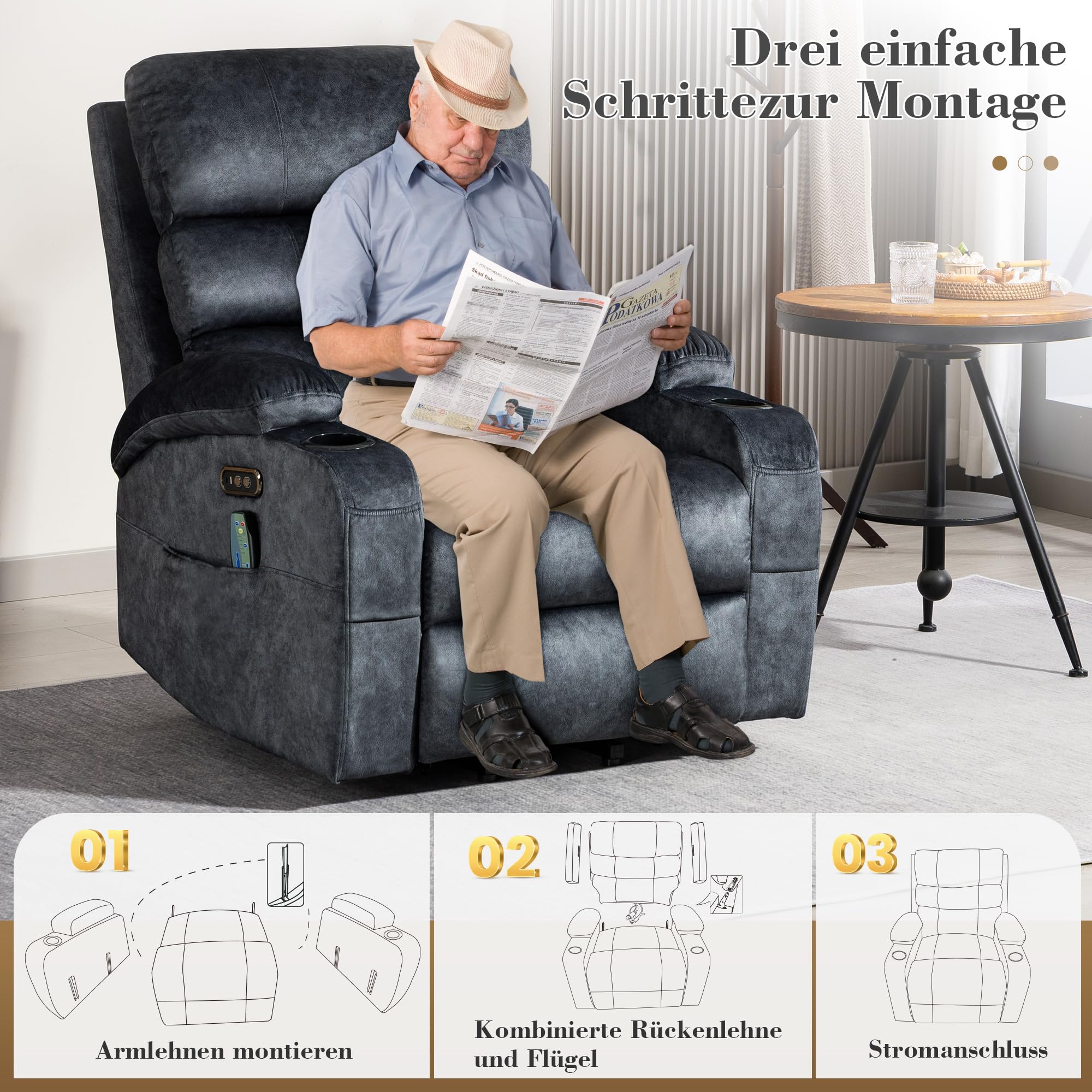 Fernsehsessel mit Aufstehhilfe Elektrisch, Relaxsessel mit Liegefunktion, Massagesessel mit Wärmefunktion, Liegefunktion, 4 Seitentaschen, TYP C & USB-Anschlüsse TV Sessel Wohnzimmer (Grau)