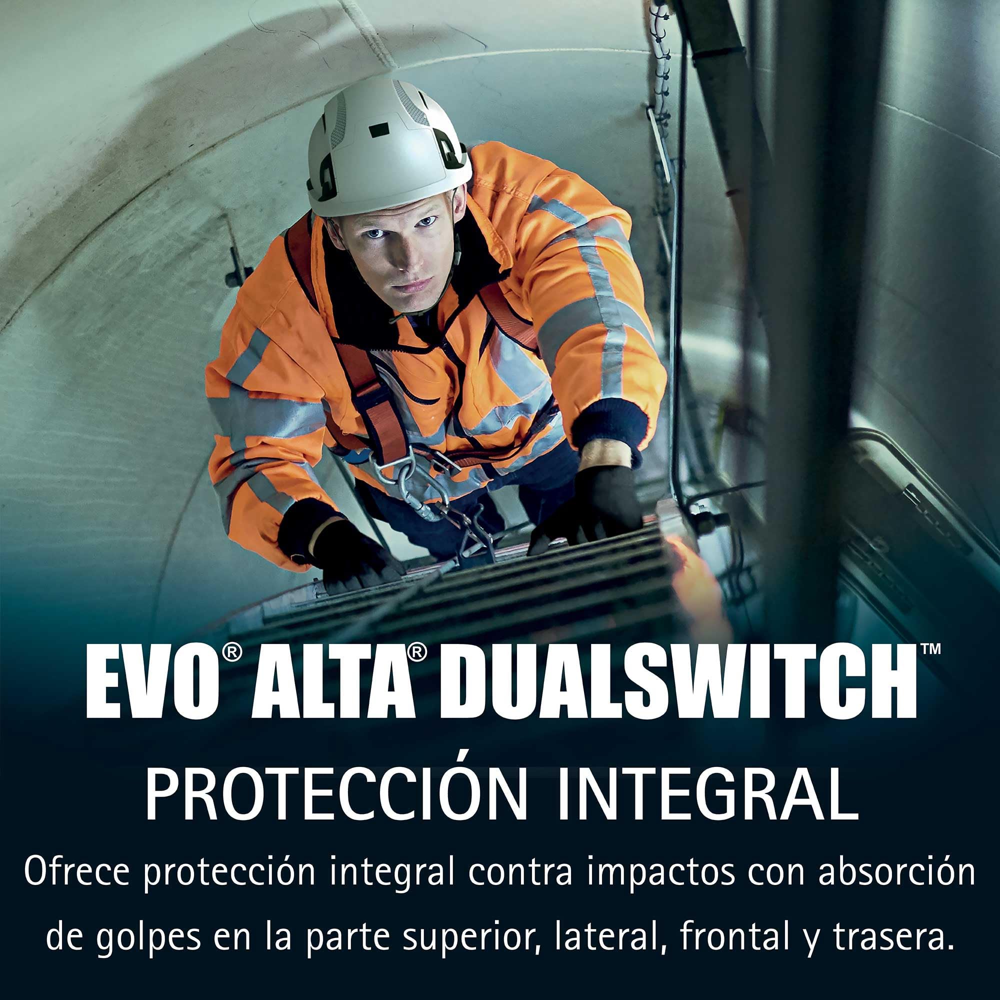 JSP EVO Alta DualSwitch Casco Premium ABS Obra y Altura, Blanco | Alterna entre protección EN 397 industrial y EN 12492 de altura. Carcasa ABS. EN 50365 certificado.