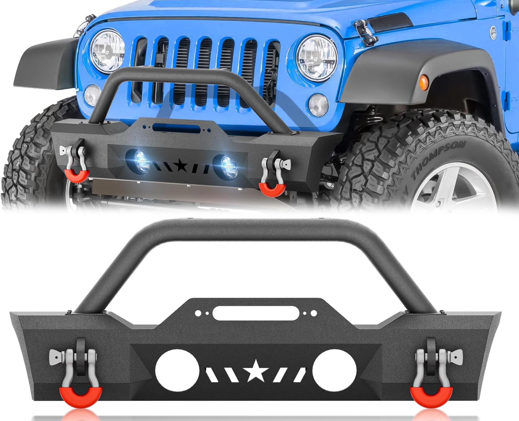 for Gladiator JT & Wrangler JL JK Front Bumper Compatible with 2007-2026 Wrangler JK JKU JL JLU Unlimited and Gladiator JT (2/4 Door) Bull Bar with Winch Plate, OE Fog Light Holes, D-rings