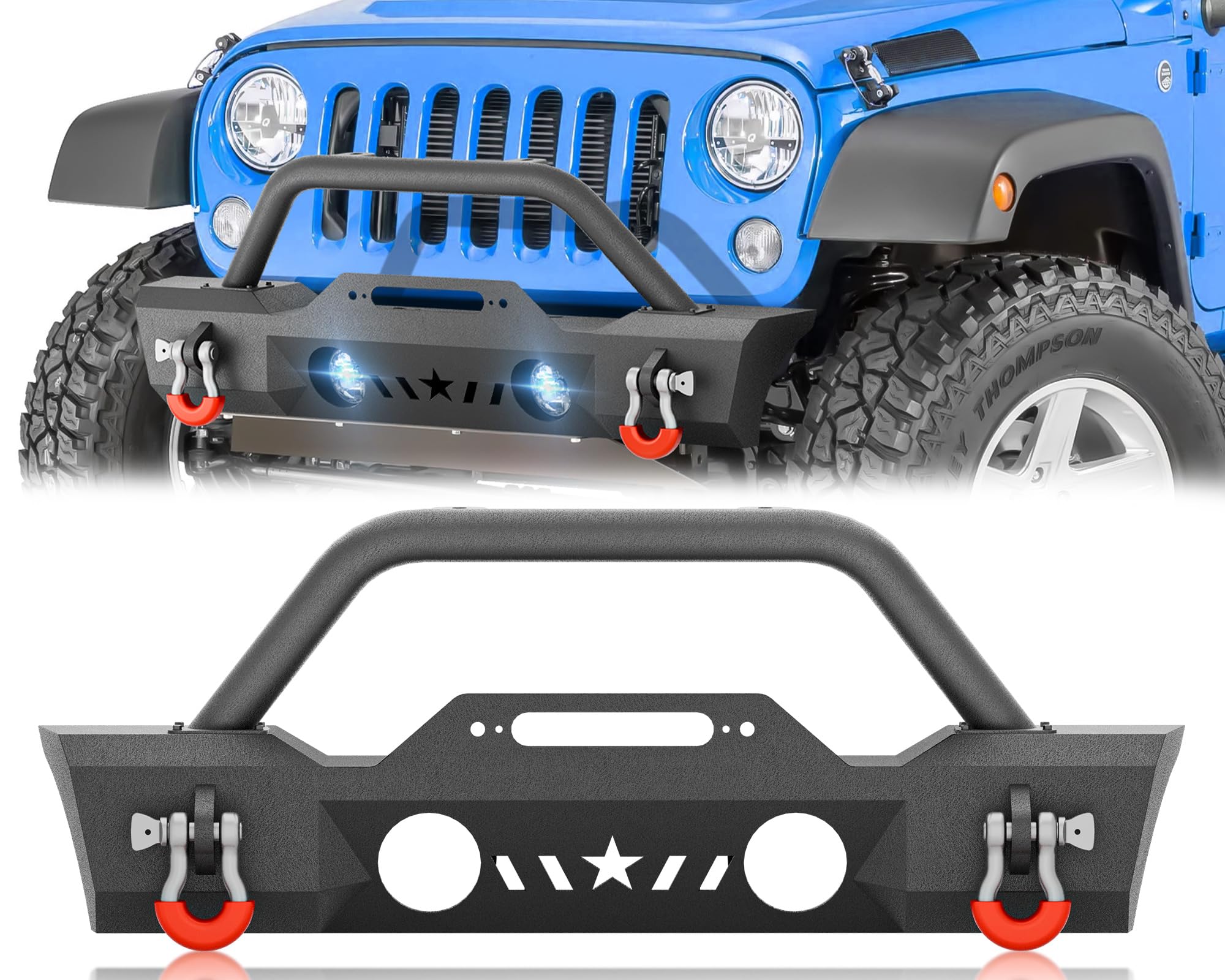 OBNAUX for Gladiator JT & Wrangler JL JK Front Bumper Compatible with 2007-2026 Wrangler JK JKU JL JLU Unlimited and Gladiator JT (2/4 Door) Bull Bar with Winch Plate, OE Fog Light Holes, D-rings