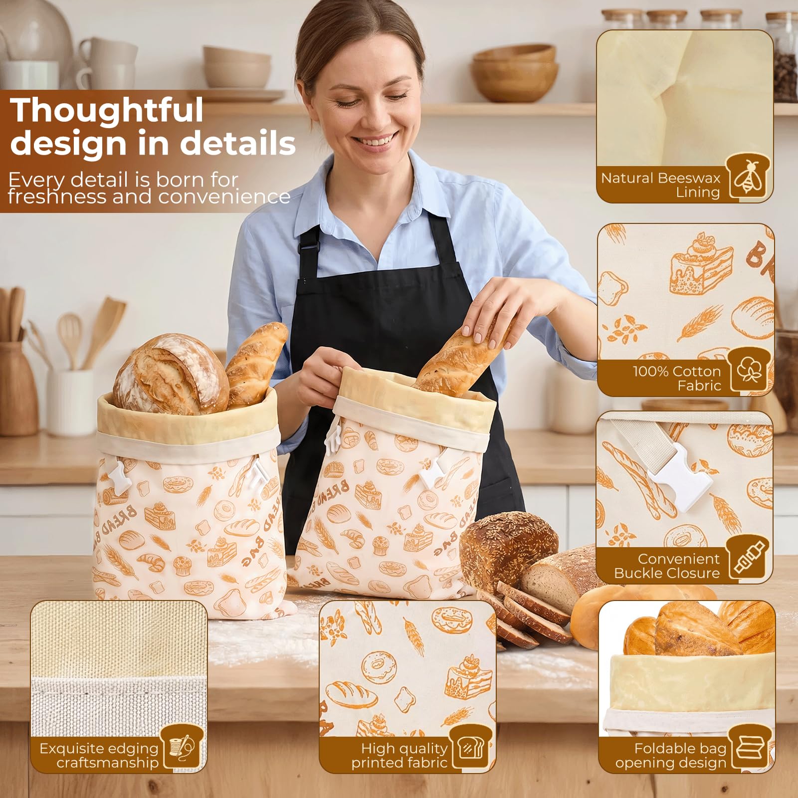 Confezione da 2 sacchetti riutilizzabili per pane di cera d'api, 44 cm x 33 sacchetti di cotone rivestiti in cera d'api naturale, per la conservazione di lievito e pane fatto in casa