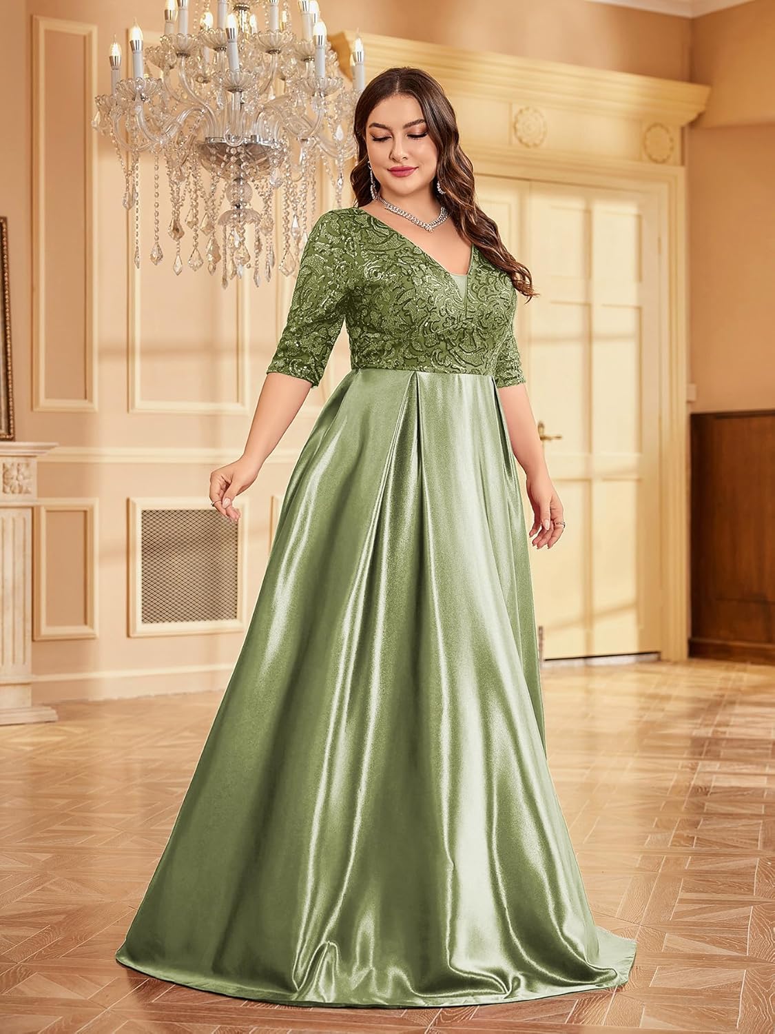 Plus Size Satin Evening Gowns Women Formal for Prom Party OR Wedding Long Sleeves V-Neck Mother of The Bride Dress - Image 6