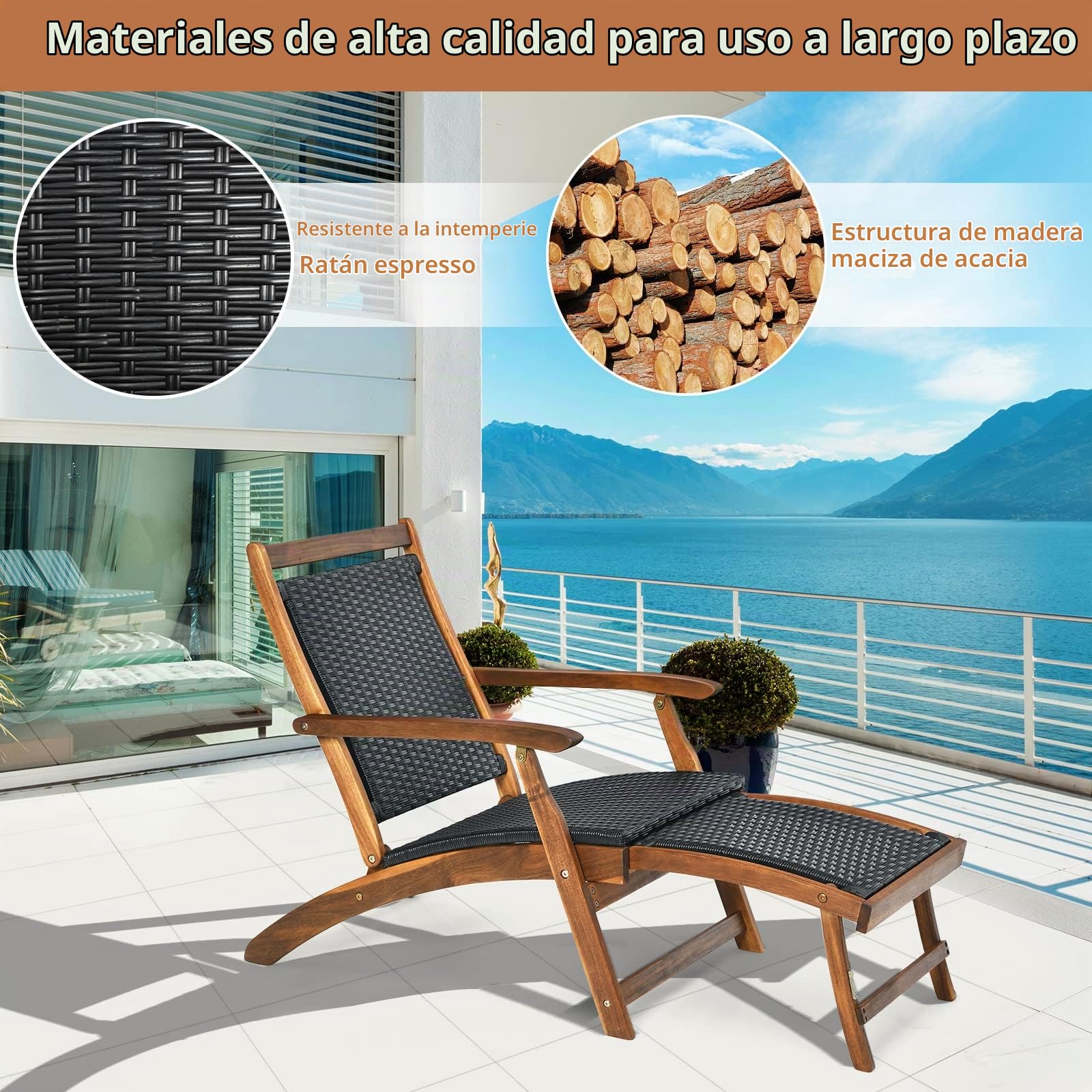 LIFEZEAL Tumbona Plegable de Ratán PE Convertible con Reposapiés Retráctil | Sillón de Jardín con Marco de Madera de Acacia, Respaldo y Reposabrazos para Terraza, Patio y Piscina