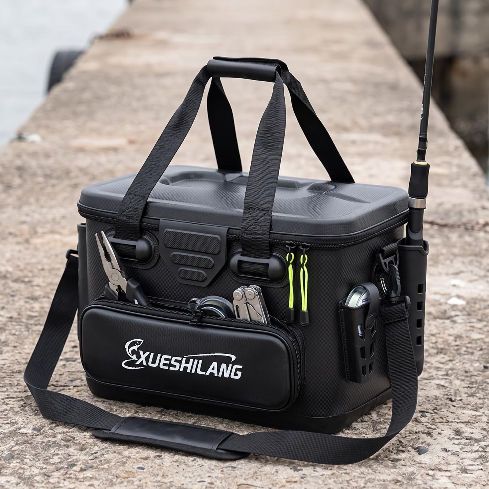 perfk Contenitore da Pesca Cassetta per Esche Organizzatore Rigido Borsa Porta Canne Portaoggetti con Scomparti E Tracolla per Mobilità Adatto per Pescatori, Nero, Medio