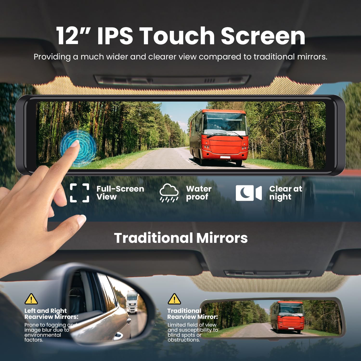 12" Mirror Dash Cam With 4K Front & 2K Rear Cameras, GPS, WiFi, Touch Screen - Includes 128GB Card, Motion Detection
