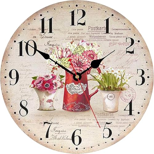 TAHEAT Reloj de pared de flores florales, decoración vintage de campo francés, decorativo, funciona con pilas, silencioso, sin tictac, para cocina,