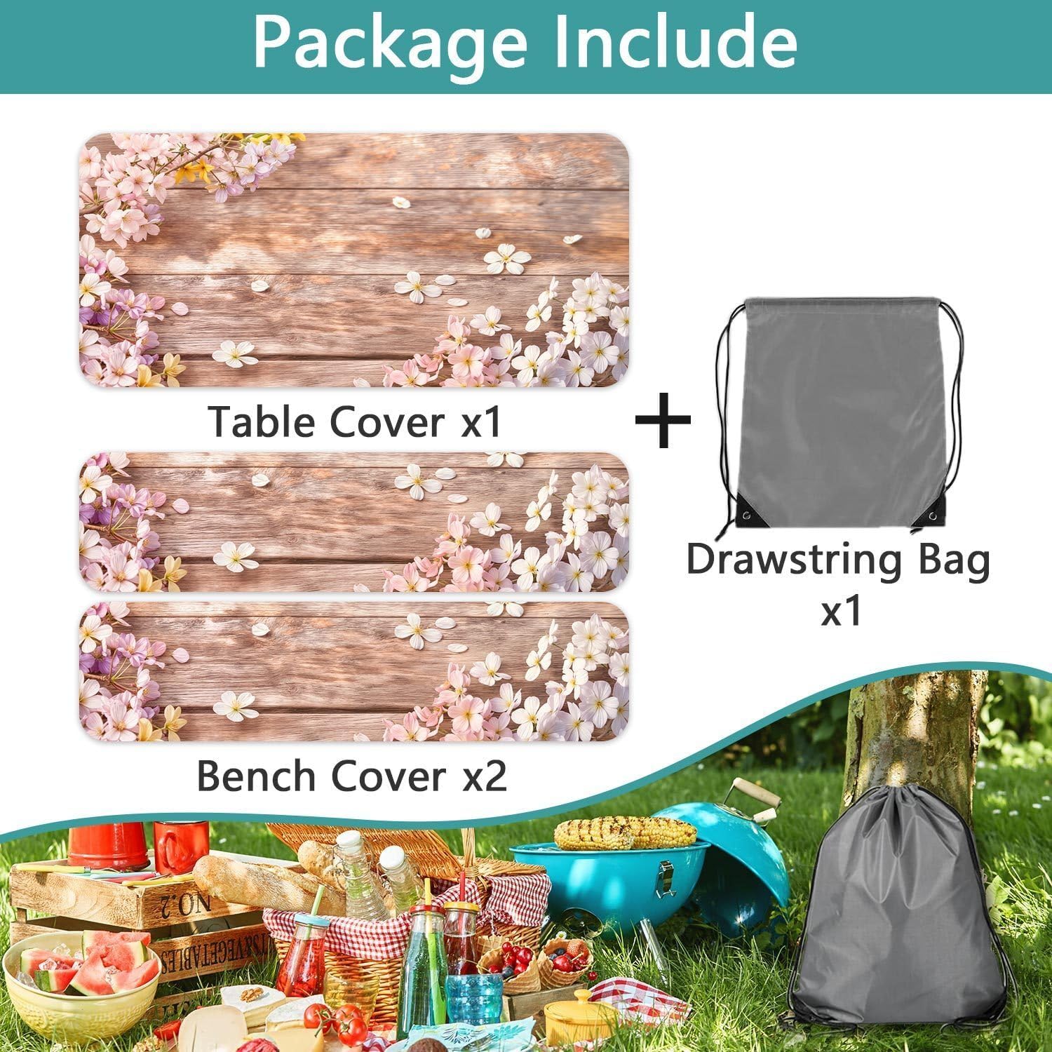 Picnic Table Cover with Bench Covers, Spring Flower Rustic Wooden Theme Waterproof Windproof Outdoor Table Cloth with Elastic Rectangle, Camping Essentials Patio Tablecloth with Drawstring Bag, 72in