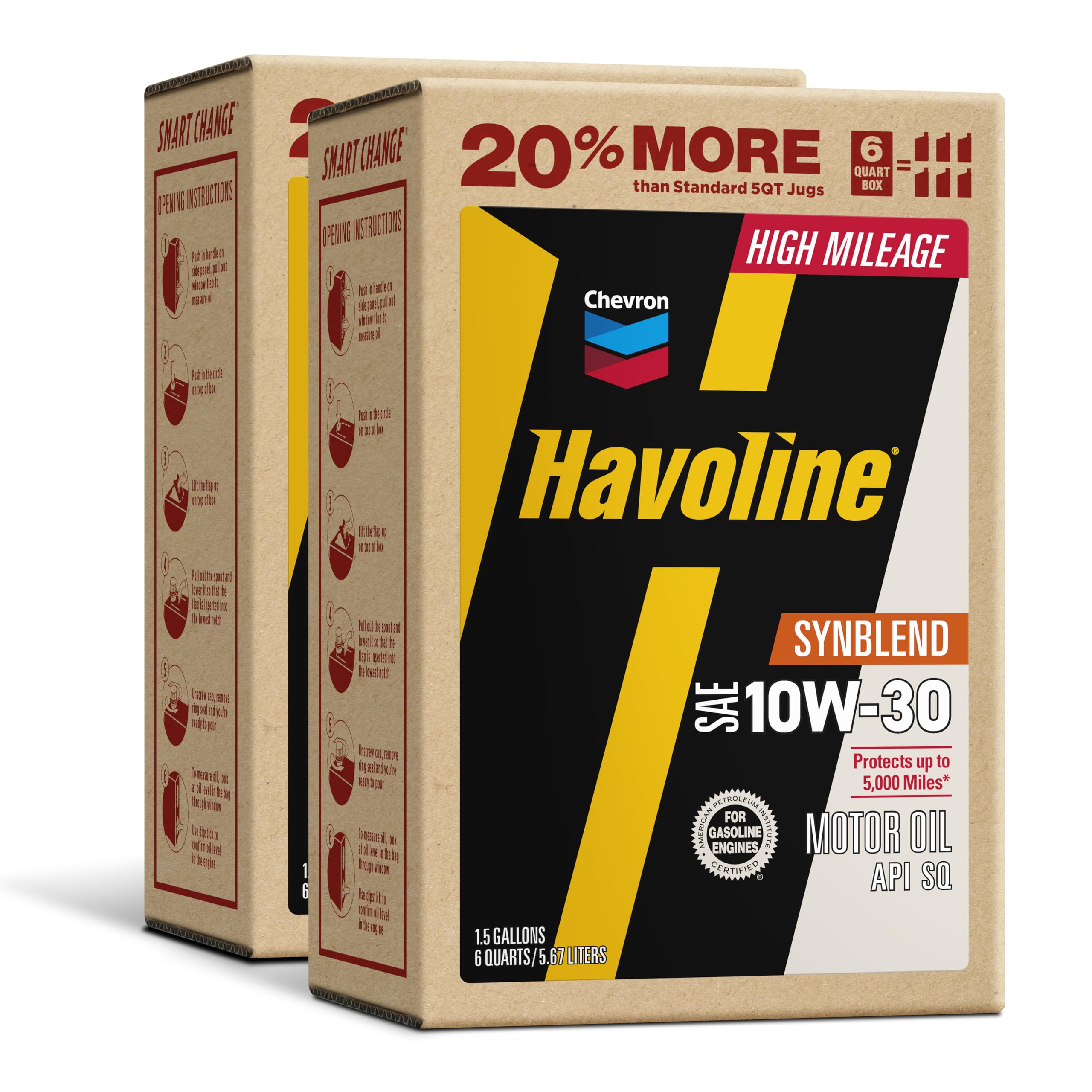 Havoline Motor Oil 10w30 High Mileage Synthetic Technology Smart Change Engine Oil, 10W-30, 6 Quarts, Pack of 2