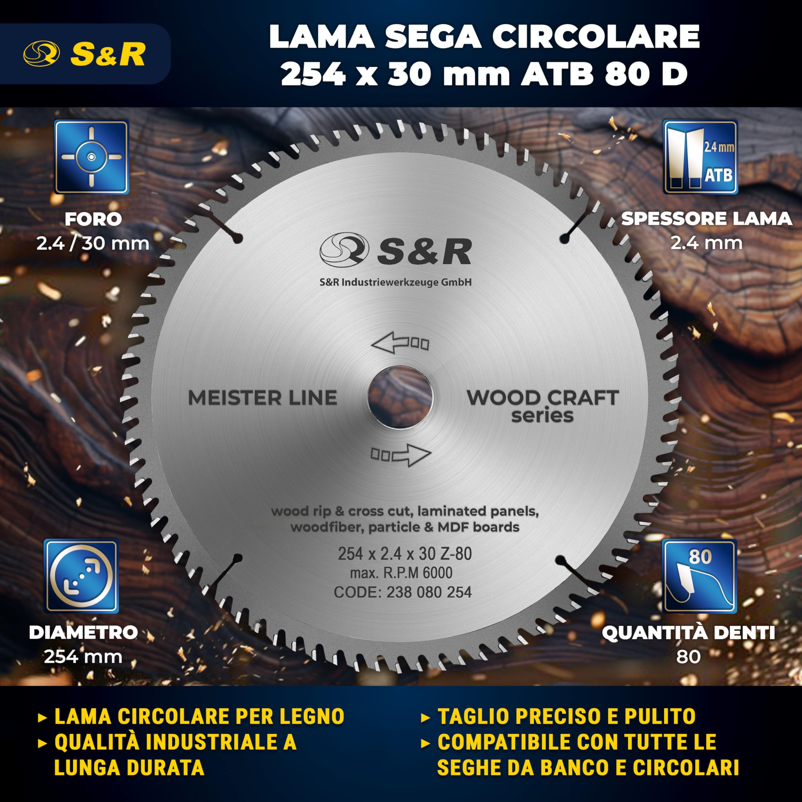 S&R Lama per Sega Circolare 254. Disco Smerigliatrice Taglio Legno Professionale (254 x 30 x 2,4mm 80 Denti) compatibile con sega a immersione e sega circolare Bosch e Makita