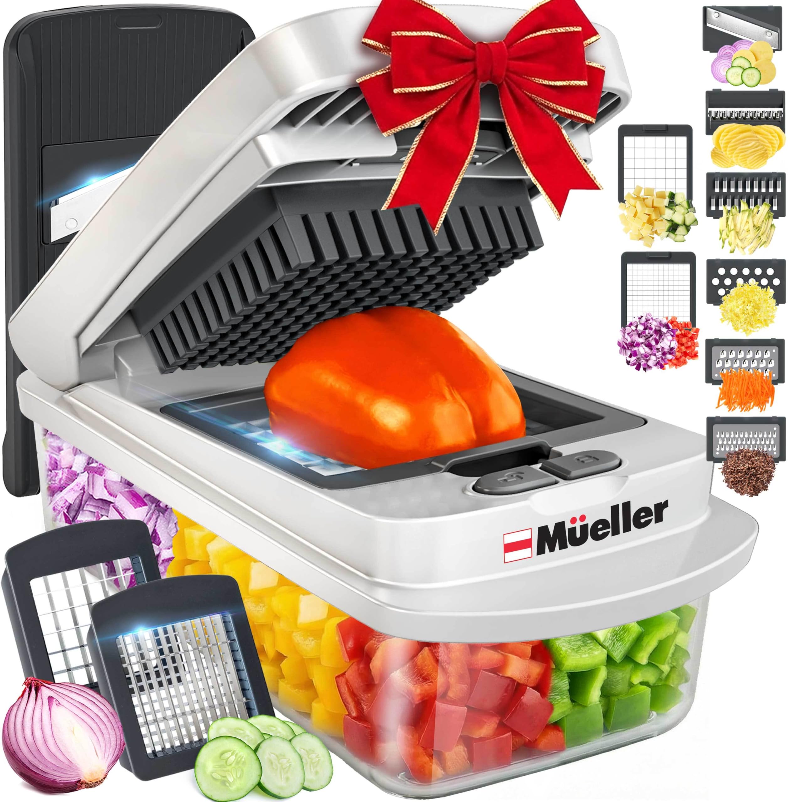 Mueller Pro-Series 10-in-1, 8 Blade Vegetable Chopper, Onion Mincer, Cutter, Dicer, Egg Slicer with Container, French Fry Cutter Potatoe Slicer, Home Essentials & Kitchen Gadgets, Salad Chopper