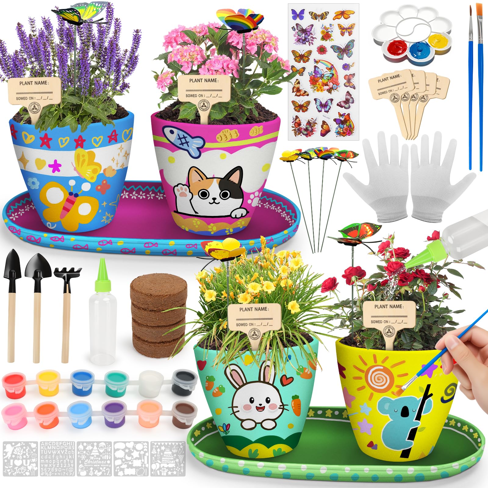 IEEILULU Set Giardinaggio Bambini, Kit Pittura Vasi 35 Pezzi, Colorare Bambini Fai da Te, Set di Artigianato Regalo di Compleanno per Ragazze e Ragazzi 4-14 Anni