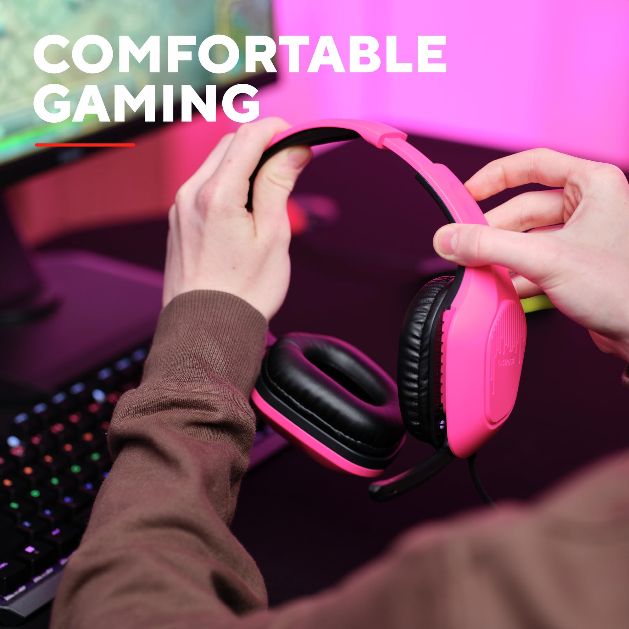 GXTrust Rayne lekkie słuchawki gamingowe PC Xbox PS5 Switch, różowe | 3.5 mm, kabel 200 cm, przetworniki 50 mm, odchylany mikrofon, przewodowy zestaw słuchawkowy wokółuszny