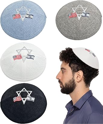 Pack of 4-Pcs - Hq 18cm 4-Colors Linen Kippah with Star of David Embroidery for Men Boys and Kids, Yamaka Hat