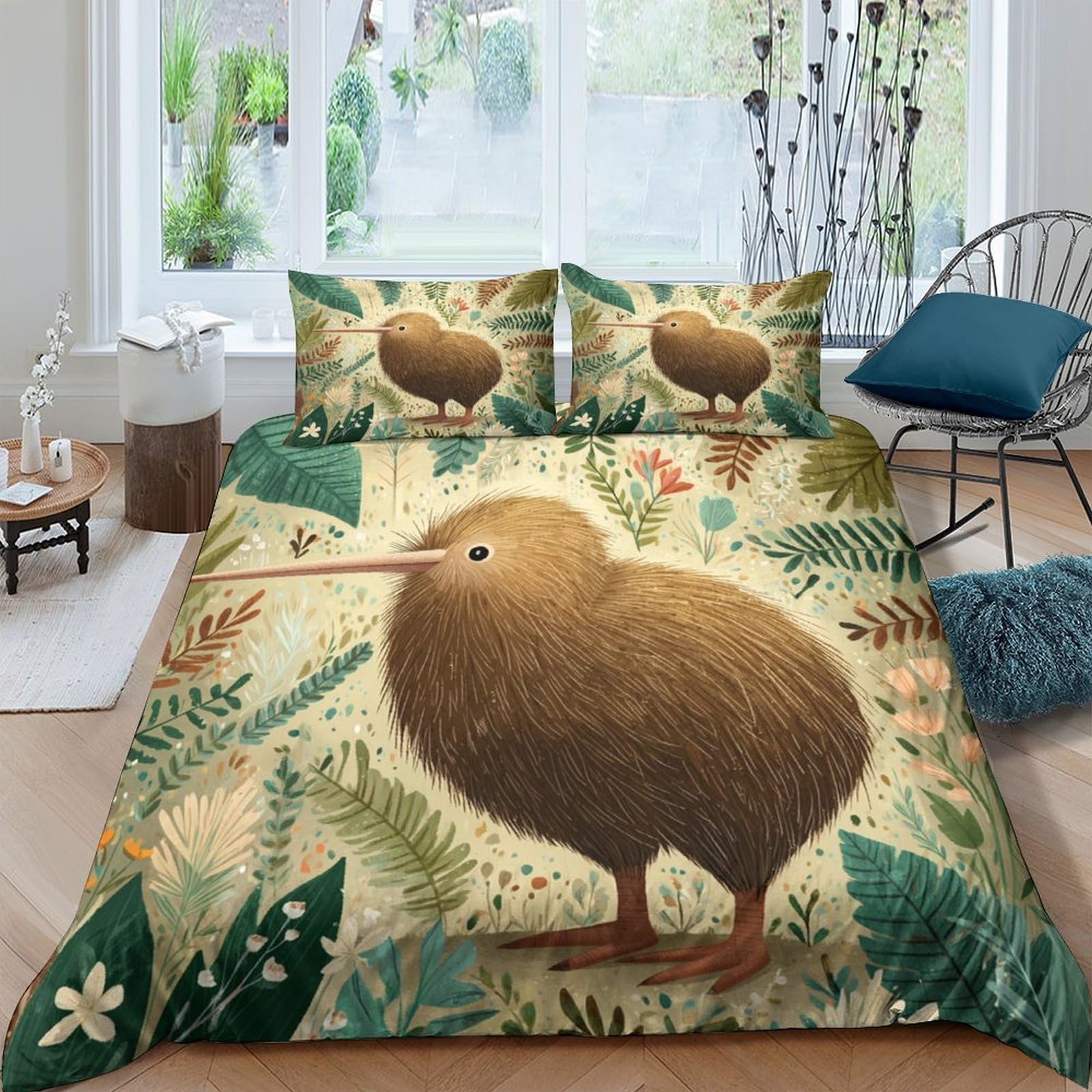 Ctjqhvkz Style-1 3D Printed Kiwi Bird Fitted Sheet Microfiber Soft Green Forest Mattress Cover For Bedroom Dorm Bed Decor Single（135X200cm）