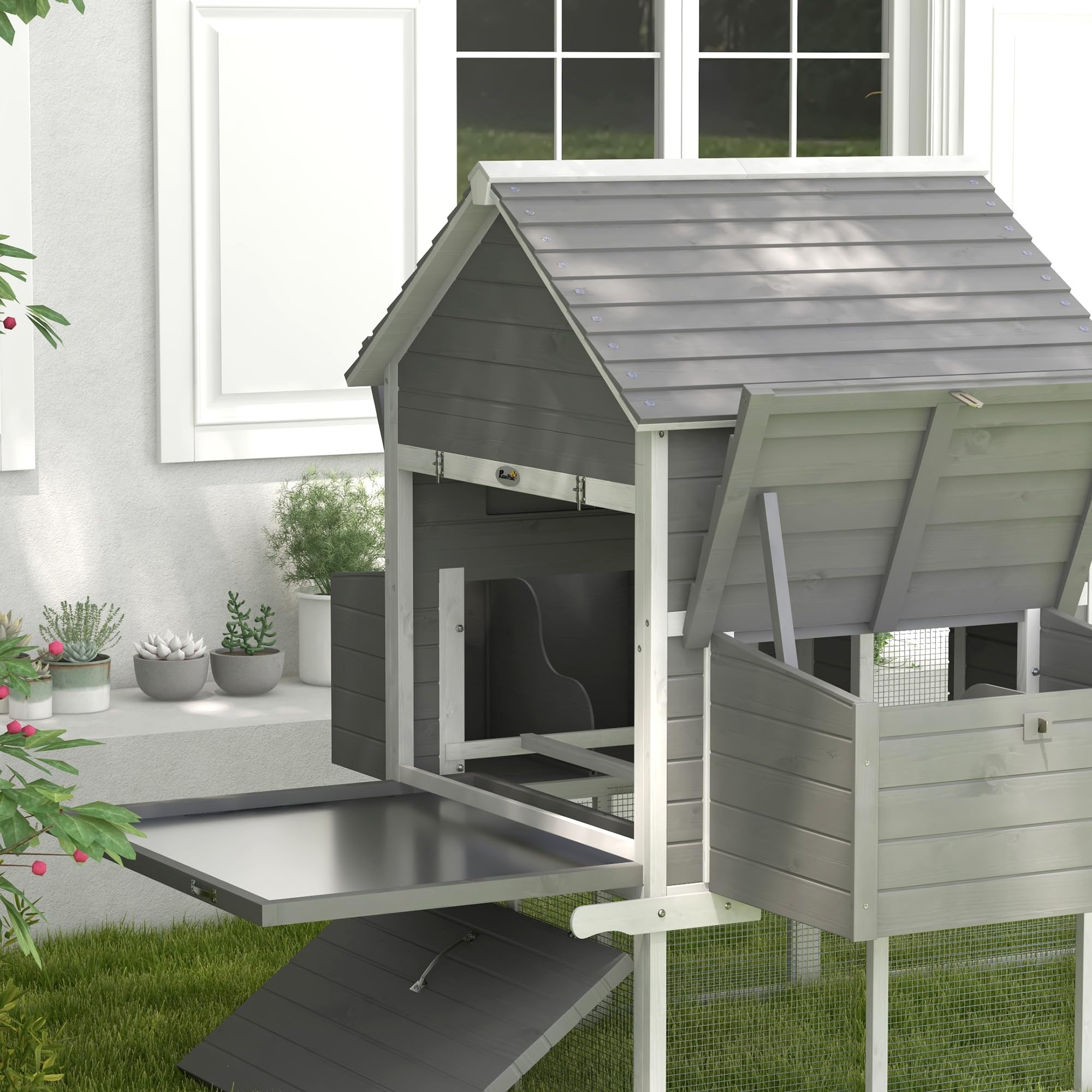 PawHut Pollaio in Legno con 2 Nidi, Pollaio per Galline Ovaiole da Esterno, Casetta per 4-6 Galline con Rampa e Area Aperta Recintata, Facile Pulizia, 310.5x149.5x149 cm, Grigio