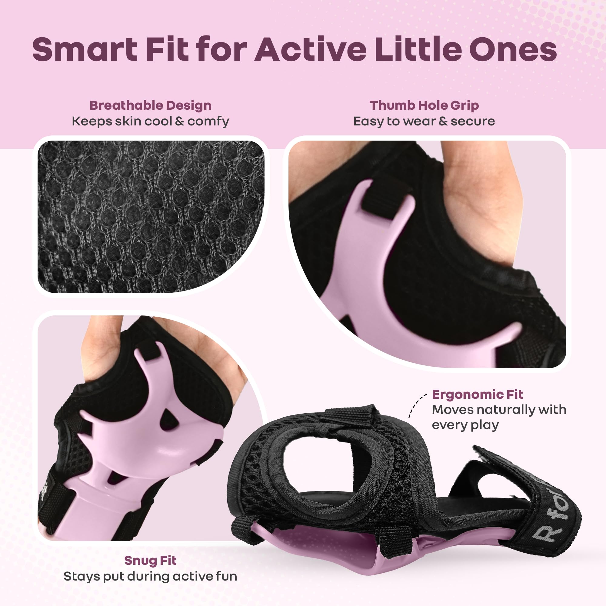 R for Rabbit Safe Play Protector Pads for Kids Knee Elbow Wrist Guards Lightweight Adjustable for Cycling Skating & Other Sports PP Shell EVA Soft Liners Material Pads Age 6-12 Years Babies (Pink) 2