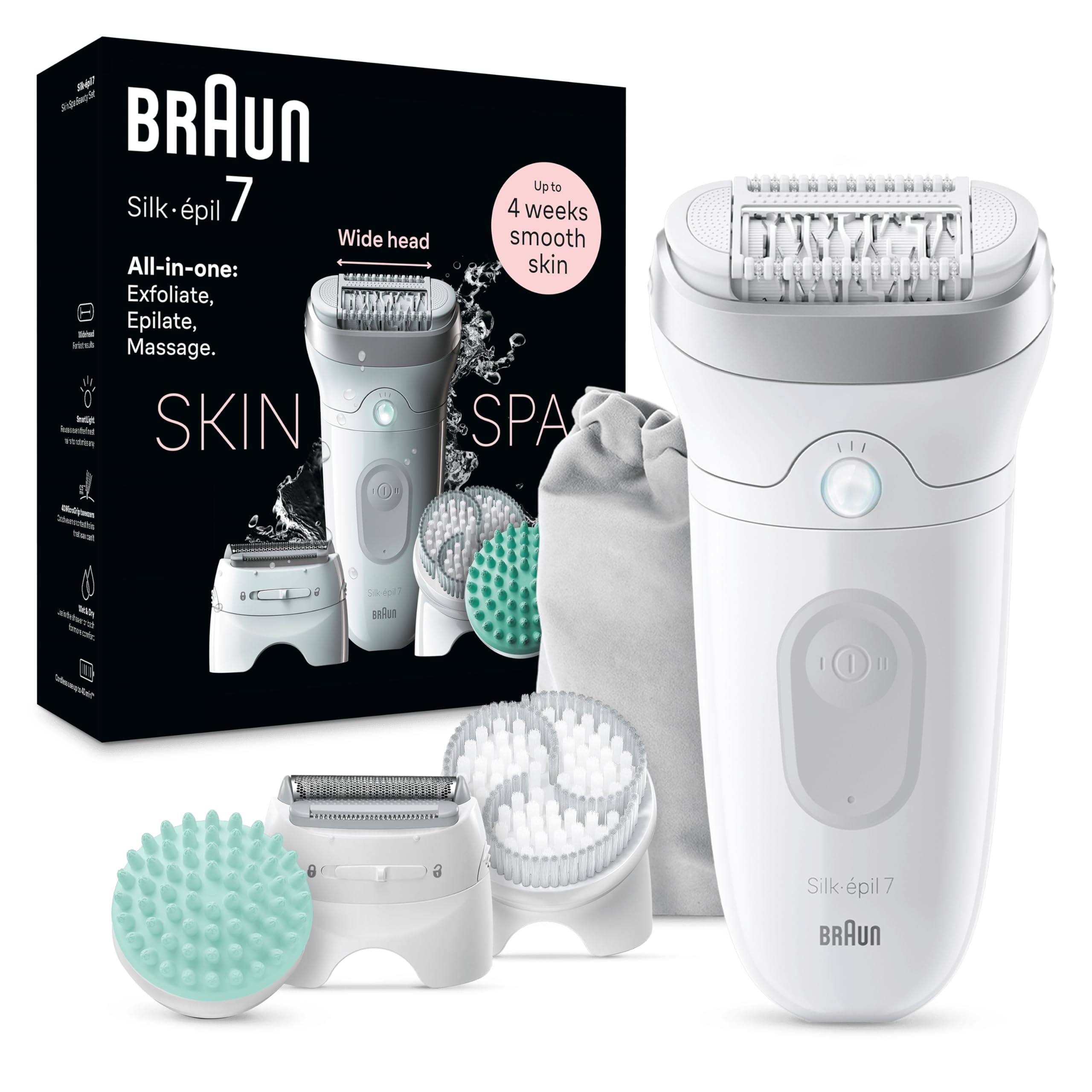 Braun Silk-épil 7 SkinSpa 7-081 - Set de depiladora para mujer, depiladora de larga duración, cabezal de afeitado, cabezal de masaje, color blanco y plateado