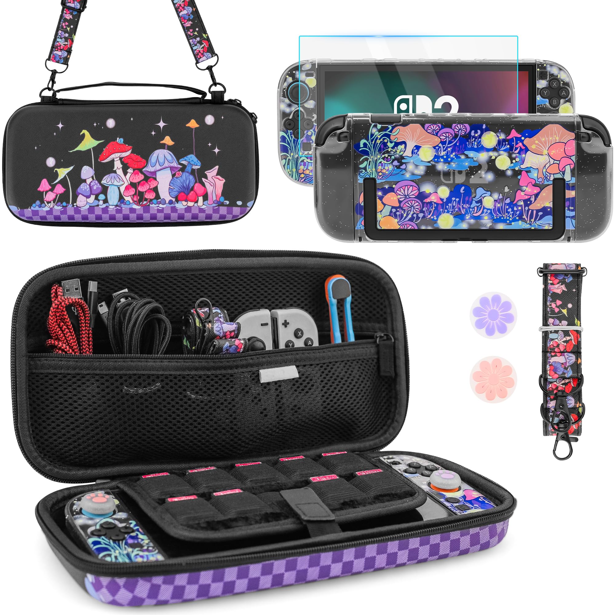 PAWDIARY Kit di 2 accessori per interruttore a fungo, con custodia da viaggio portatile per Nintendo Switch 2, cover per interruttore 2, pellicola protettiva per schermo HD, tracolla regolabile e 2