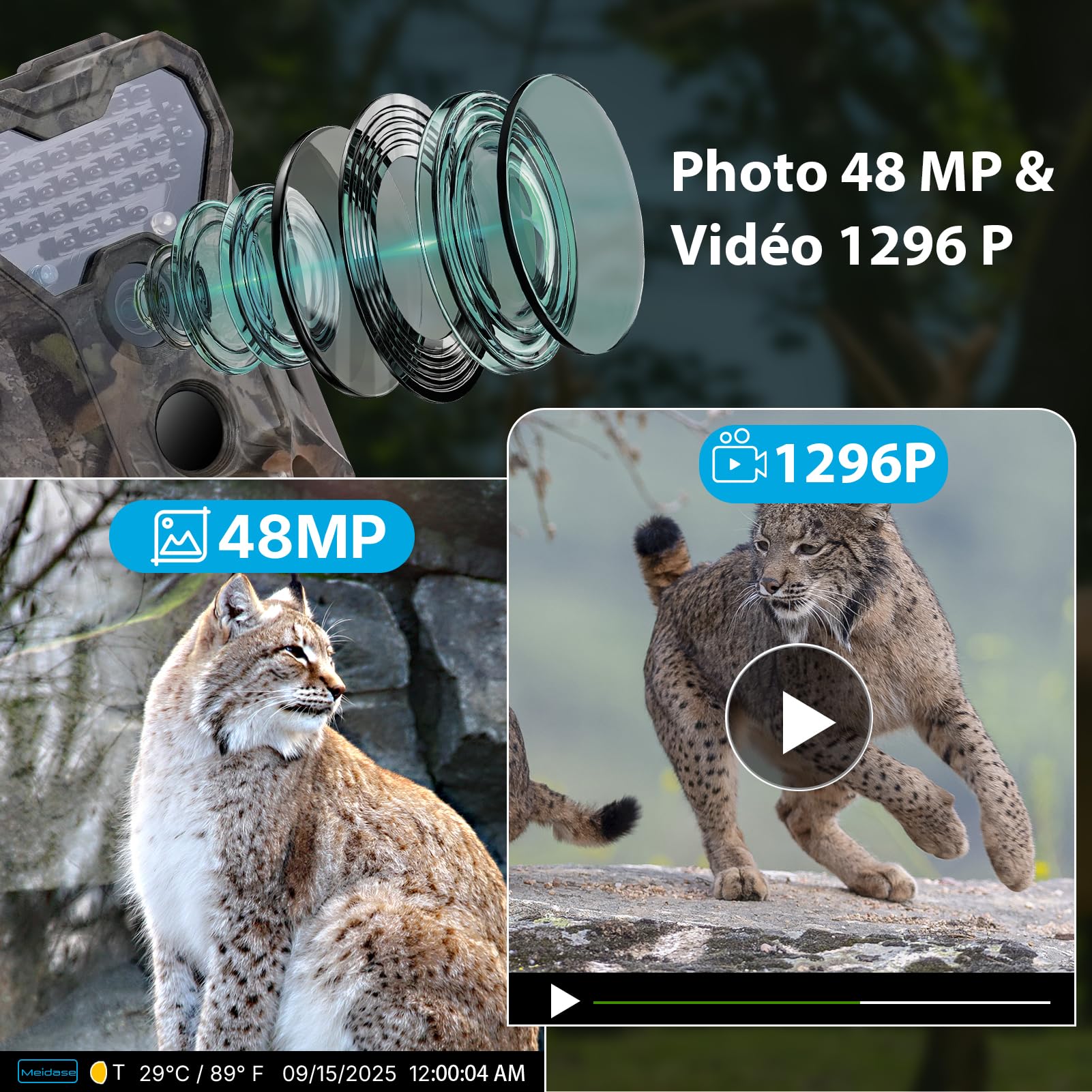 Meidase S970 4G LTE Caméra de Chasse, 48MP 1296P, avec Fonction de Streaming en Direct, Vision Nocturne, Activation par Mouvement 0.1s, Étanche, Transfert d Application, GPS Localisation