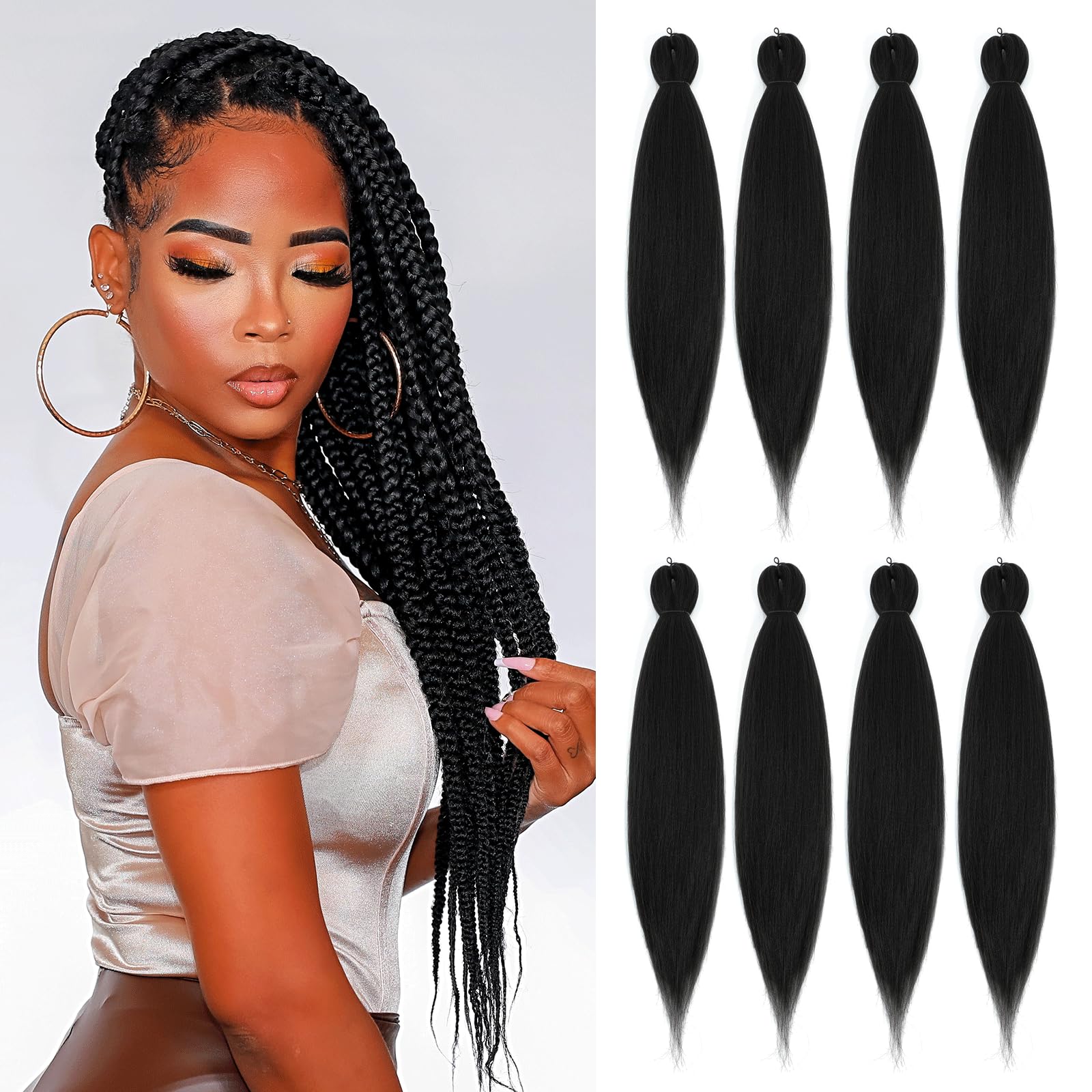 Pre-stretched Braiding Hair - 16 Inch 8 Packs Jet Black Short Braiding Hair For Twist or Box Braids, Yaki Texture Hot Water Setting Synthetic Braiding Hair Extensions (16 Inch, #1-8P)