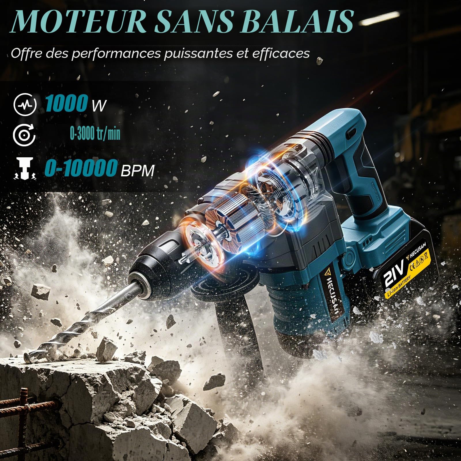 SDS Plus Marteau de Démolition Professionnel 8J, 3000W Moteur sans balais, Perforateur sans fil avec 2 batteries de 4,5 Ah, embrayage de sécurité et Anti-vibration, Inclut Sac à Outils et Burins