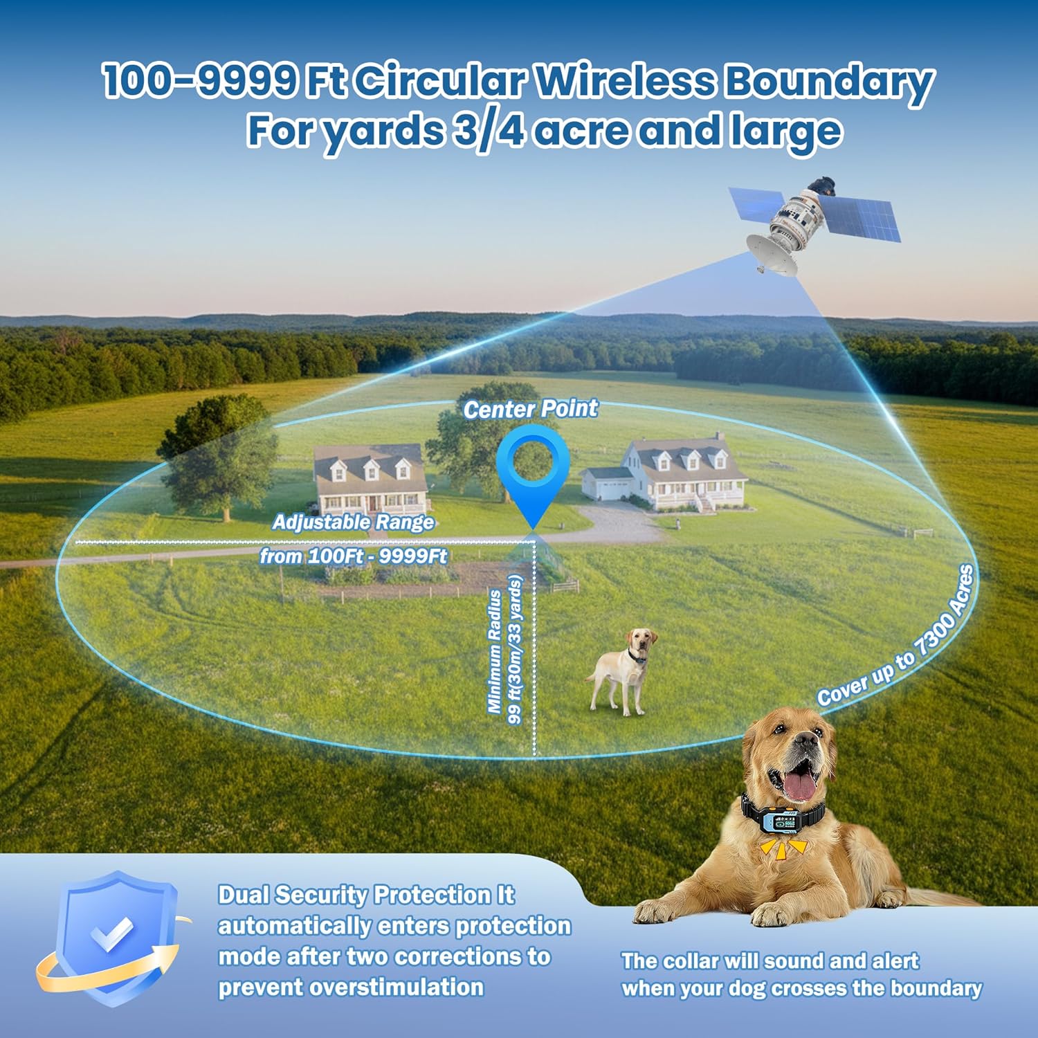 gps wireless dog fence system - multifunctional electric fence for large dogs, radius range 100-9999ft, training collar with 8 correction modes, perimeter dog collar for large yard/outdoor use only 1 collar blue