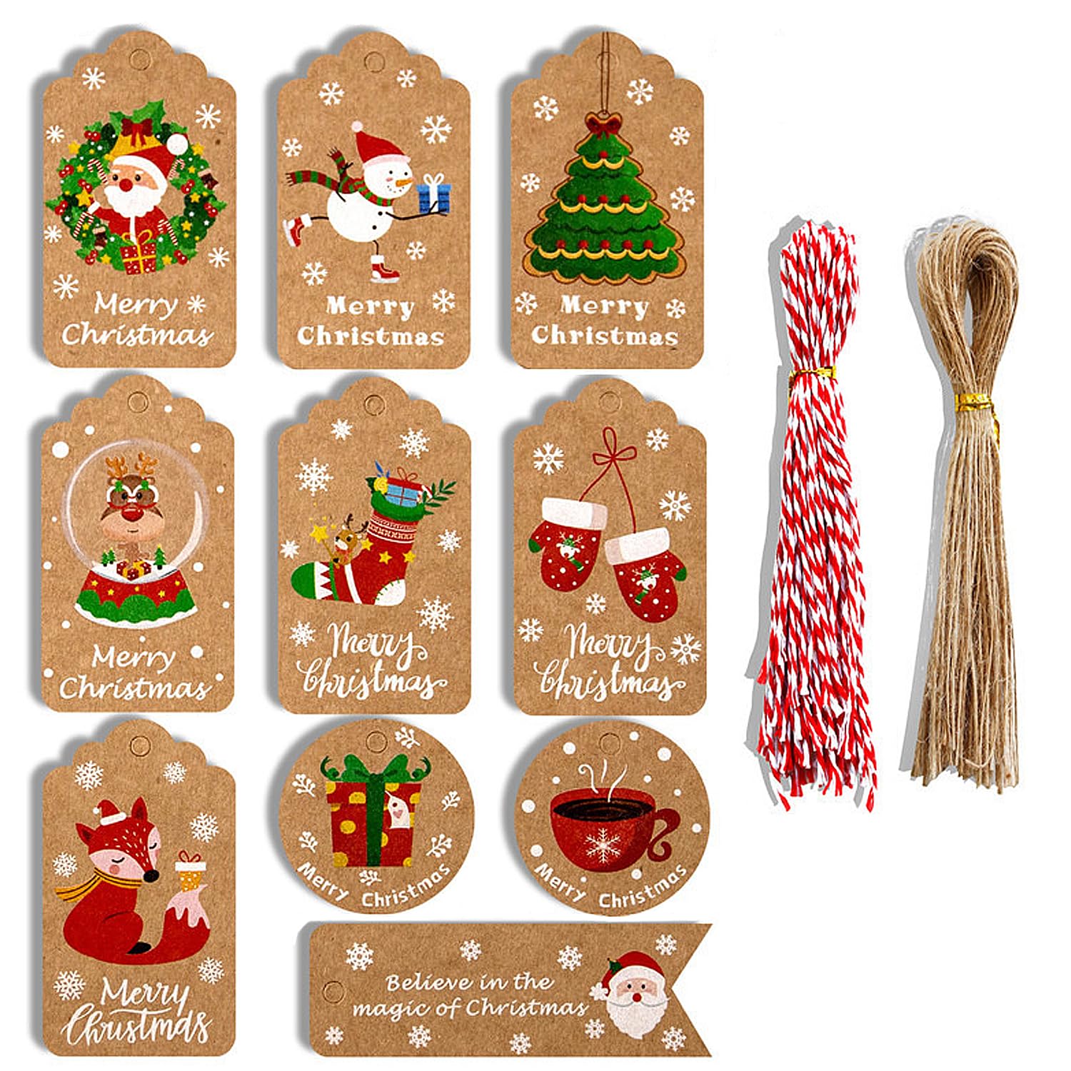 WANYI Christmas Tags, 100PCS Christmas Tree Gift Tags with String, Christmas Labels for Presents, Kraft Xmas Gift Tags Hanging Labels Card for DIY Name Tags Price Tags Parcel Tags (10 Styles, A)
