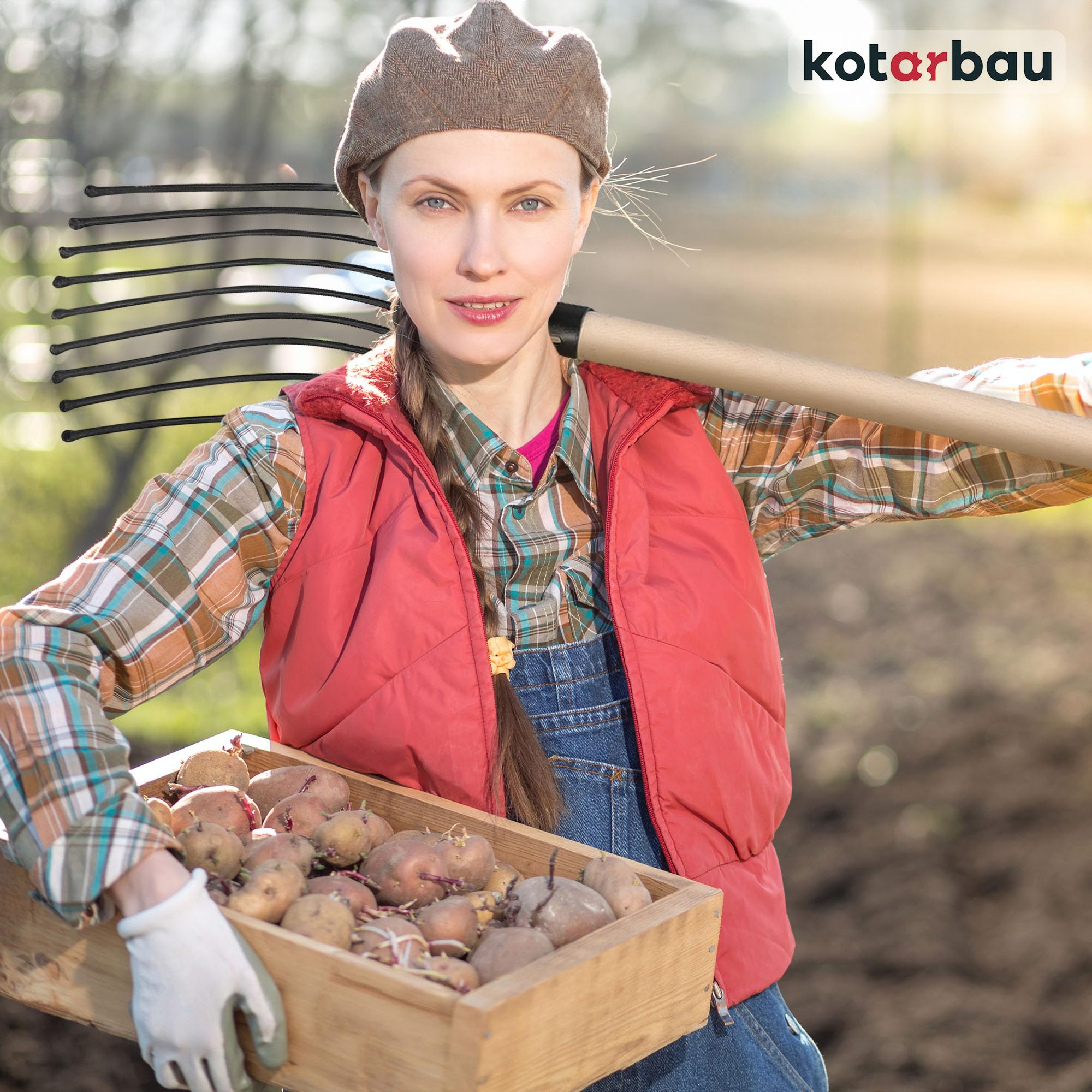 KOTARBAU® Horca de 9 púas, Horca con púas terminadas en Bolas para no dañar tubérculos, Horca para Patata, Remolacha y maíz, Horca de Acero con Botones, Horca con Mango de Madera, Horca para Campo