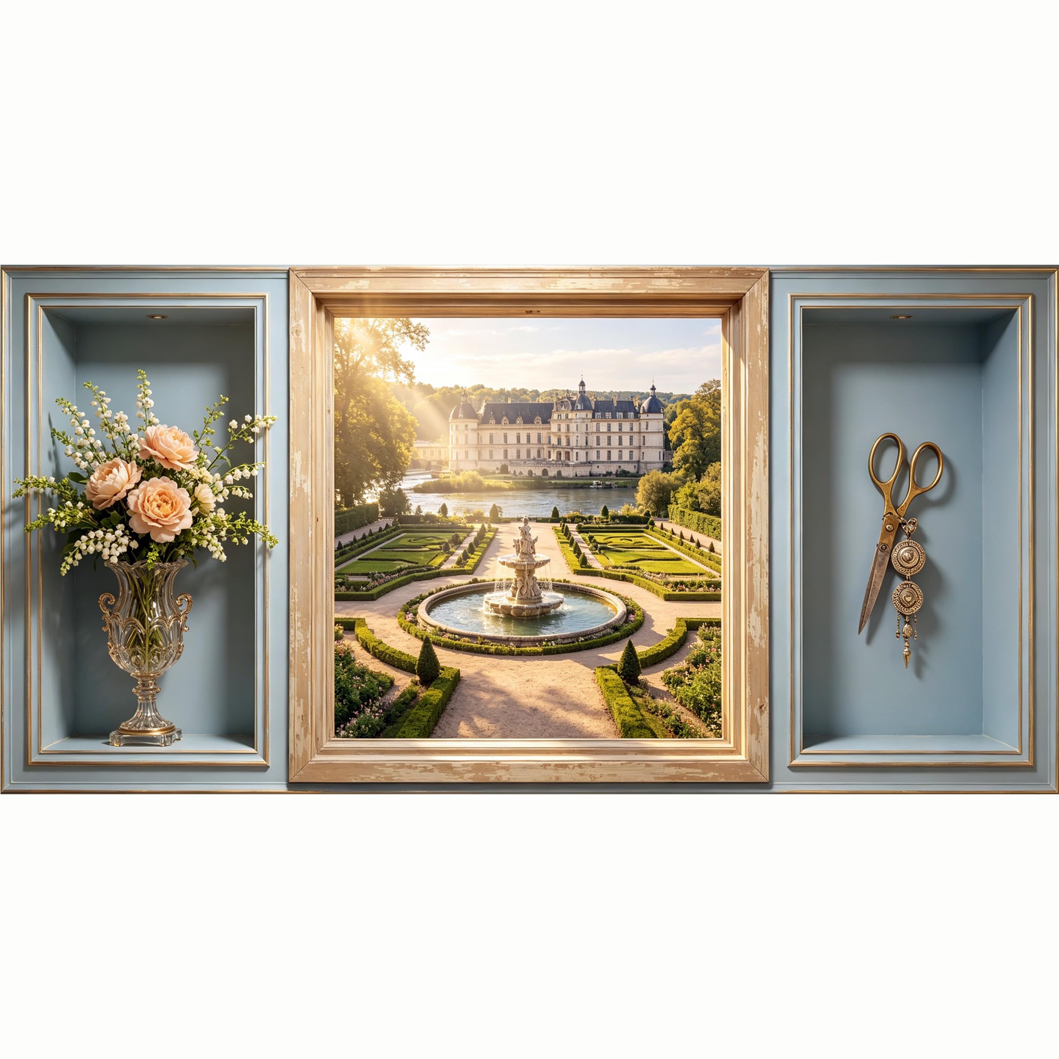 QZLITHOTIC 50x100cm 3D Framed Wall Art， French Chateau Landscape Fountain Garden Self‑Adhesive Mural， Water‑Activated Peel & Stick Fabric Decor Wall Decal for Bedroom Living Room
