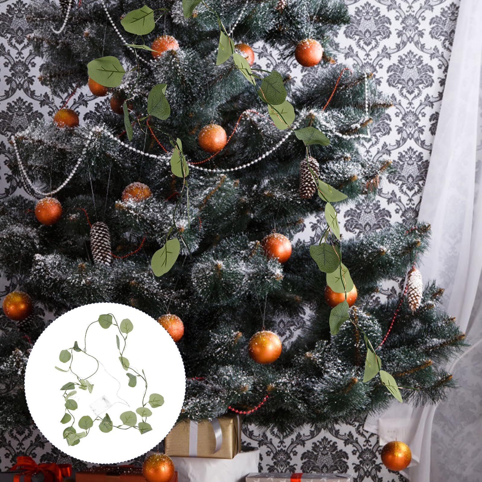 LED Lichterkette Grün 20 Künstlichen Eukalyptusblättern | Kupferdraht und Kunststoff, Dekoratives Licht für Halloween Mottoparty und Erntedankfest, Innenbeleuchtung