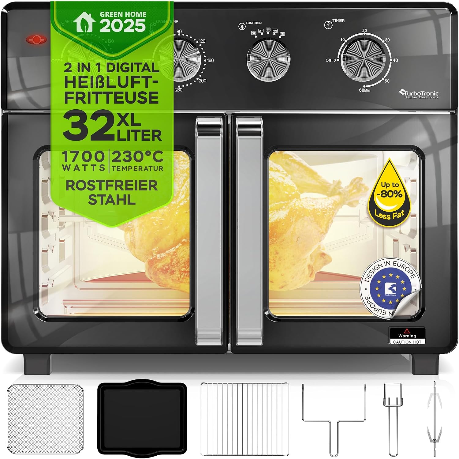 TurboTronic Digital Hot Air Oven XXL 32 Litres with Rotisserie for Chicken 4-in-1 Mini Oven & Power Hot Air Fryer Airfryer from 80  C