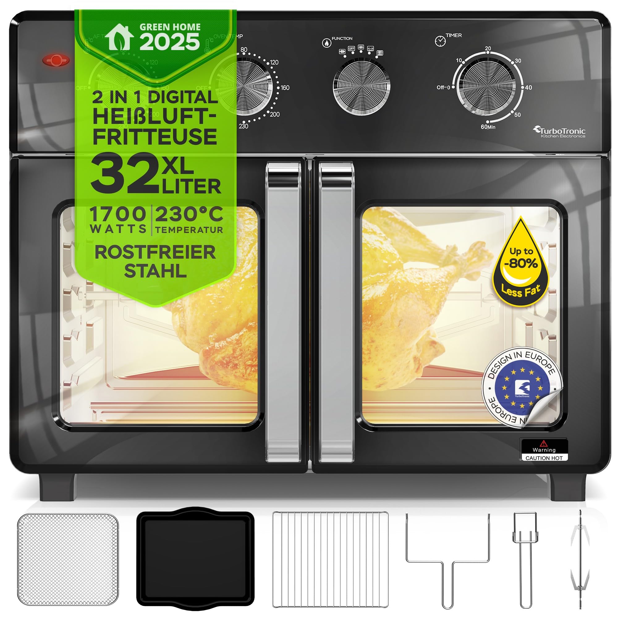TurboTronic - Forno ad aria calda digitale, XXL, 32 litri, con spiedino girevole per pollo, 4 in 1, mini forno e friggitrice ad aria calda Airfryer a partire da 80 °C