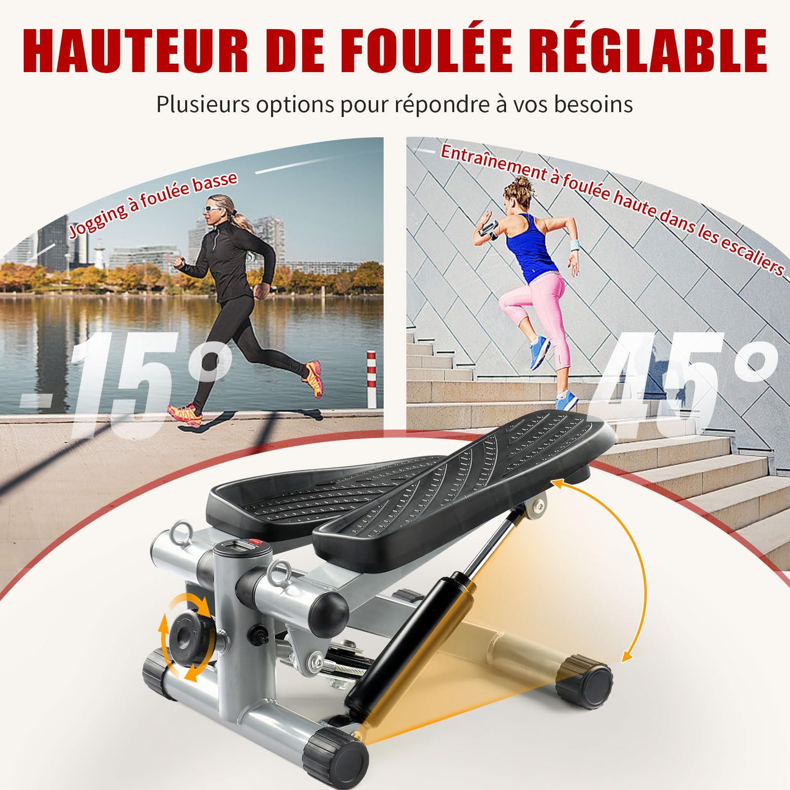 LEADZM Mini Stepper avec Coussinet Silencieux, Stepper de Fitness avec Bandes de Résistance, Écran LCD, Compteur de Calories, pour L'entraînement des Jambes et des Bras Fessiers, Noir et Argent
