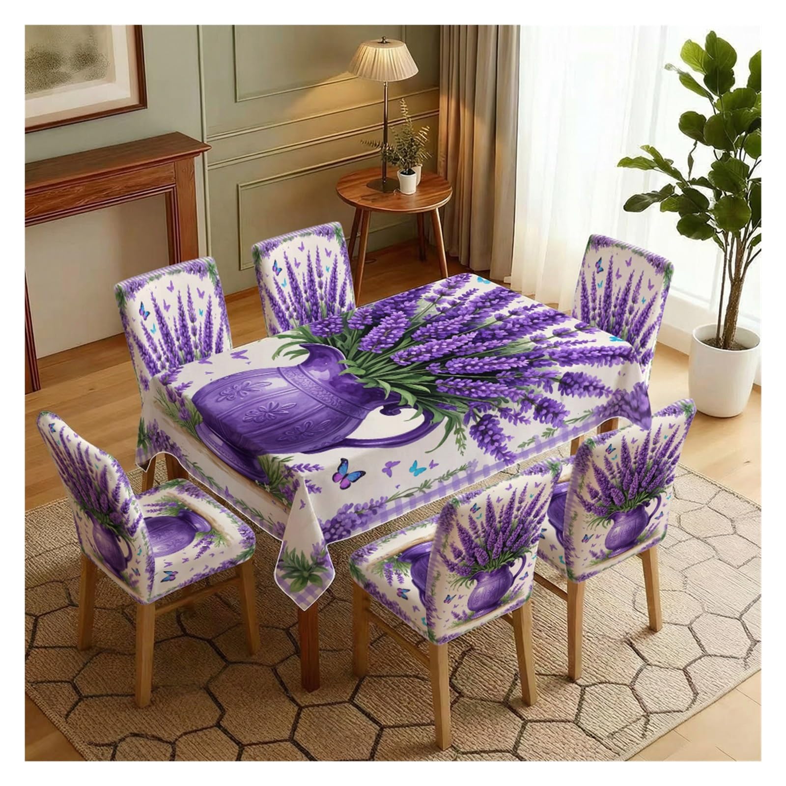 BOSUYBN Purple Lavender Butterfly Printed Dining Tablecloth & Chair Covers Set, 5/7 Piece Fresh Romantic Provence Style Home Decor Table Setting(7pcs Set: Tablecloth+Chair Covers)