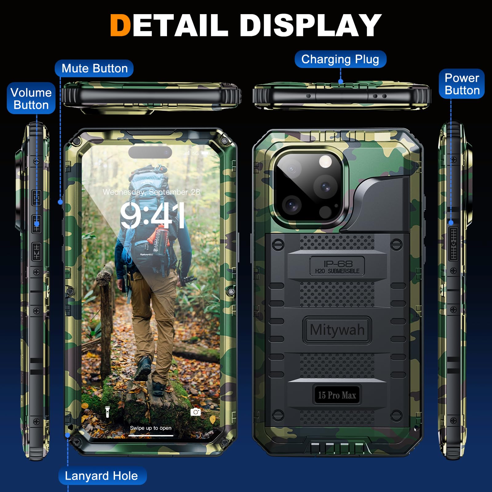 Mitywah Wateproof - Funda para iPhone 15 Pro MAX, Grado Militar, a Prueba de Golpes, para Senderismo y Escalada al Aire Libre, protección Completa de Metal Resistente con Protector de Pantalla