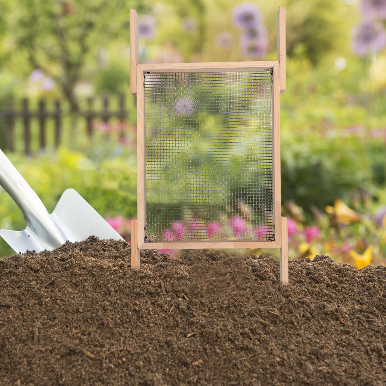 Hemobllo Setaccio per Terreno in Legno con Manico Smontabile 44x34 Cm, Filtro a Maglie Fini per Giardinaggio, Setaccio da Giardino per Compost, Sabbia e Rocce, Attrezzo Portatile per Cura