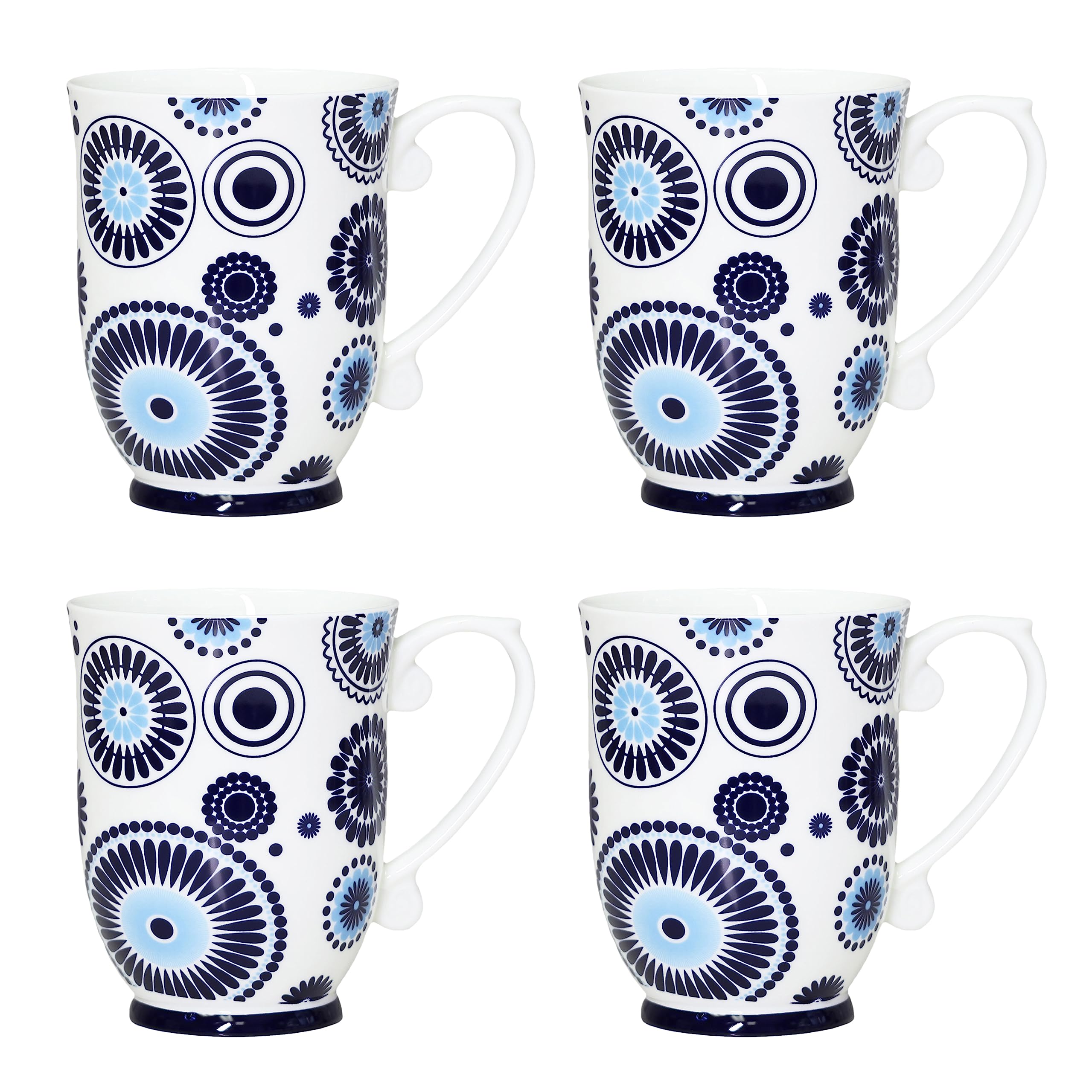 QOUTIQUE Bone China Decorated Coffee Mugs - 20 Ounce - Set of 4, Cups for Latte, Hot Tea, Cappuccino, Mocha, Cocoa, Mug Set, Large Coffee Mug, Blue