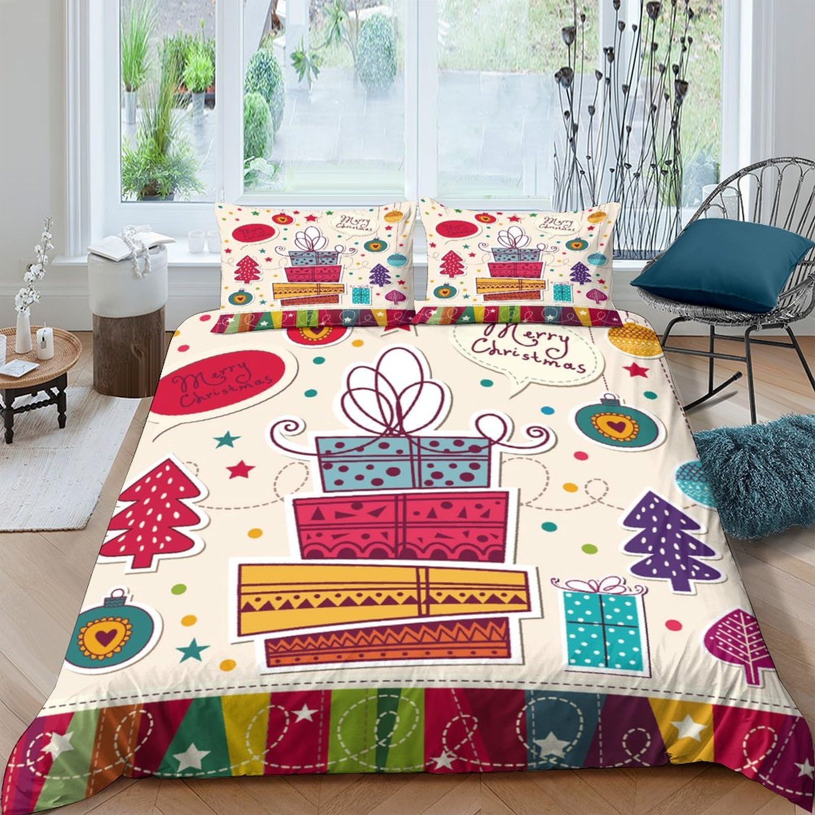 XFKLYNVCJ 3D Printed Christmas cards Quilt Cover Microfiber vector festive design Duvet Cover No Iron Soft Comfortable for Young Adults Rental Flat Teen Bedroom Bedding Use Super king（260x220cm）
