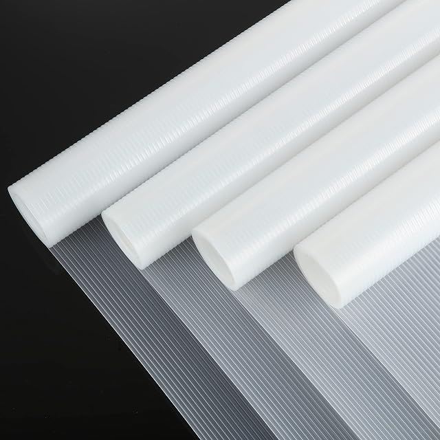 LOLYSIC 4 Rolls Drawer Liners, 40x200cm Clear Non-Slip Kitchen Cupboard Shelf Liners, Non-Adhesive EVA Washable Drawer Shelf Liner for Cupboard, Drawer, Shelves, Racks, Cabinet, Fridge (Stripe)