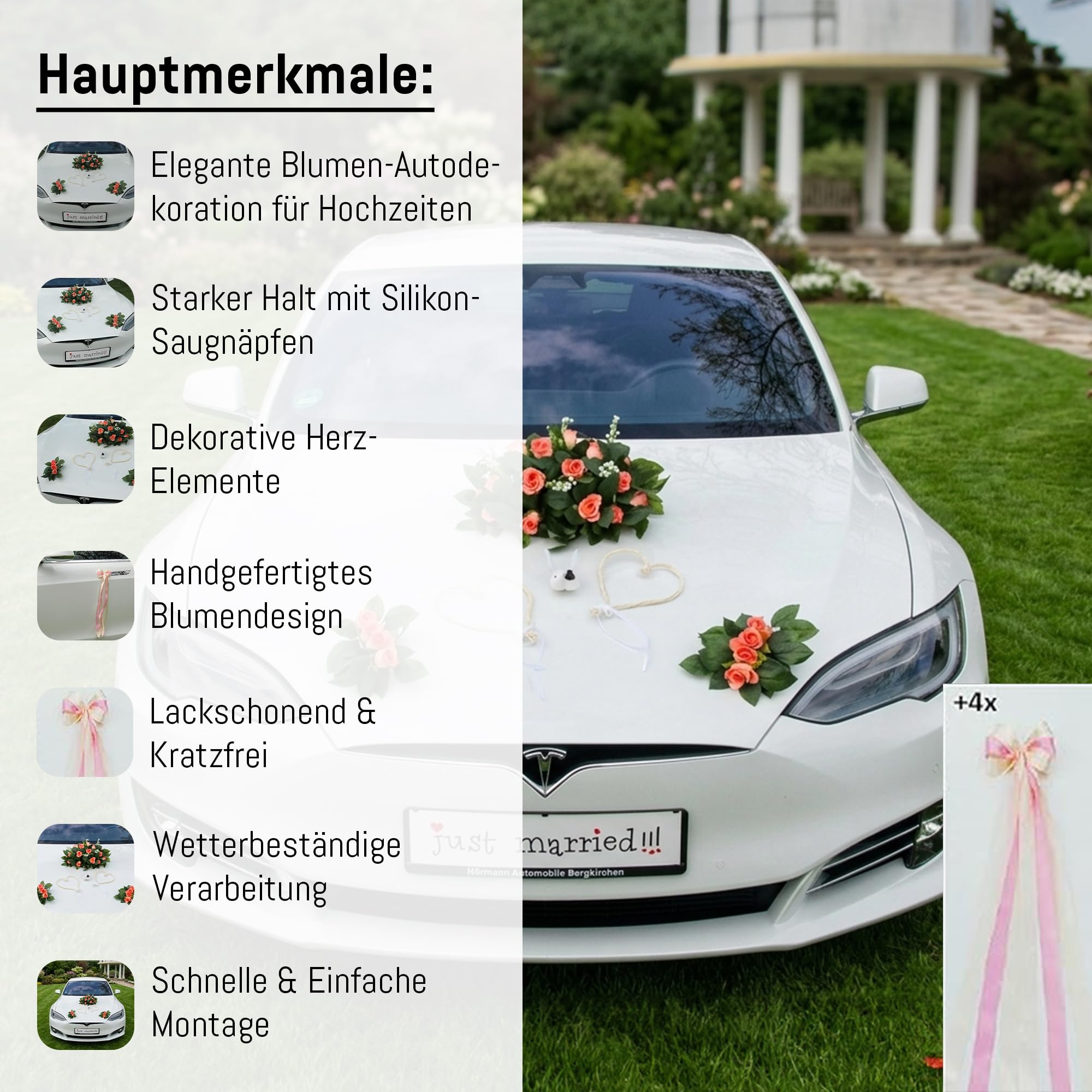 Véritable bouquet de roses - Décoration de voiture - Couple de roses - Colombes - Cœurs et colombes