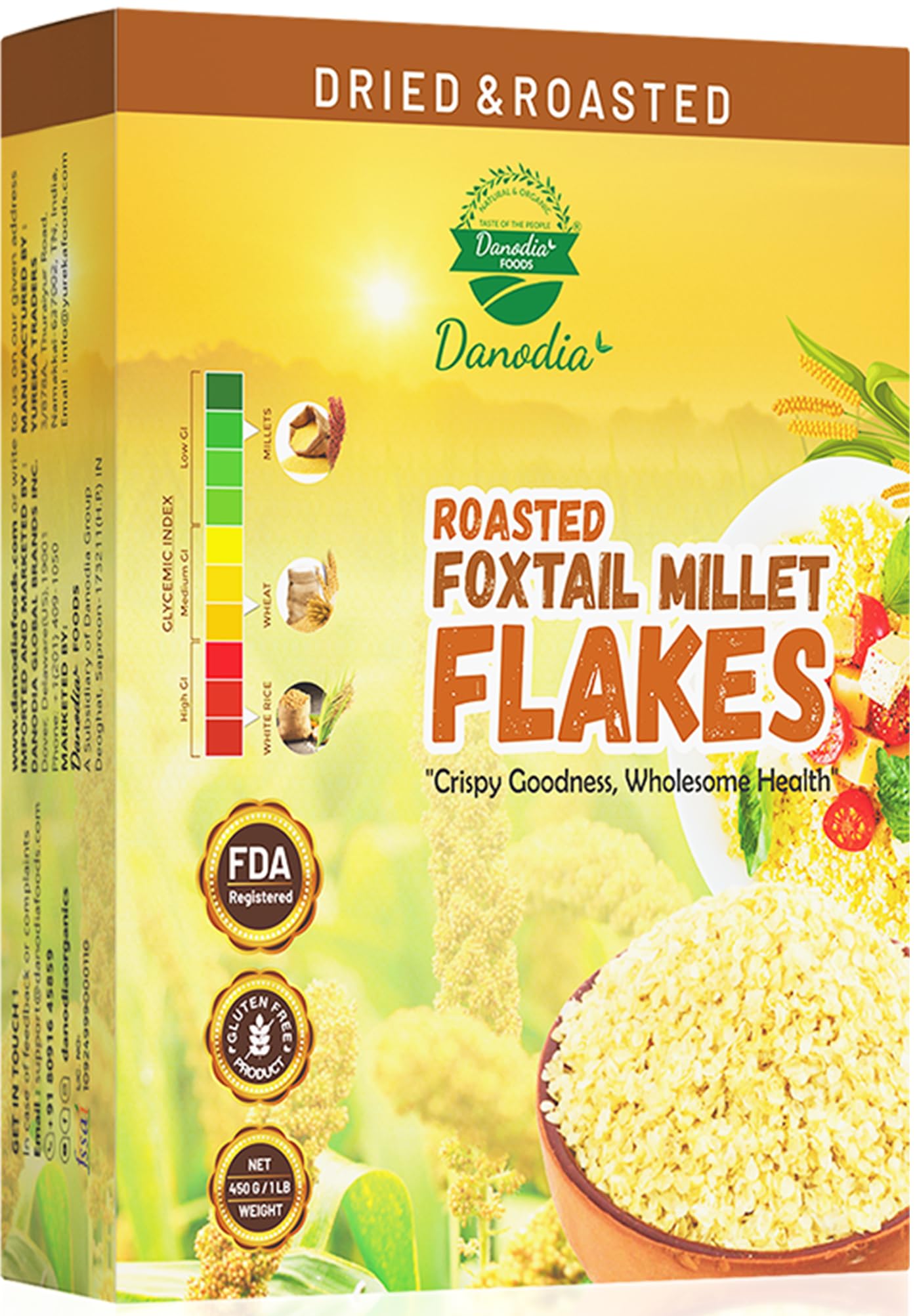 Danodia Foods Foxtail Millet Flakes, Breakfast Cereal, 1 lb, Lunchbox Snack | Foxtail millet flakes, poha-style cereal; for breakfast bowls, porridge, upma, chivda, yogurt, milk and snacks; home use Foxtail Millet Flakes 450g/1lbs