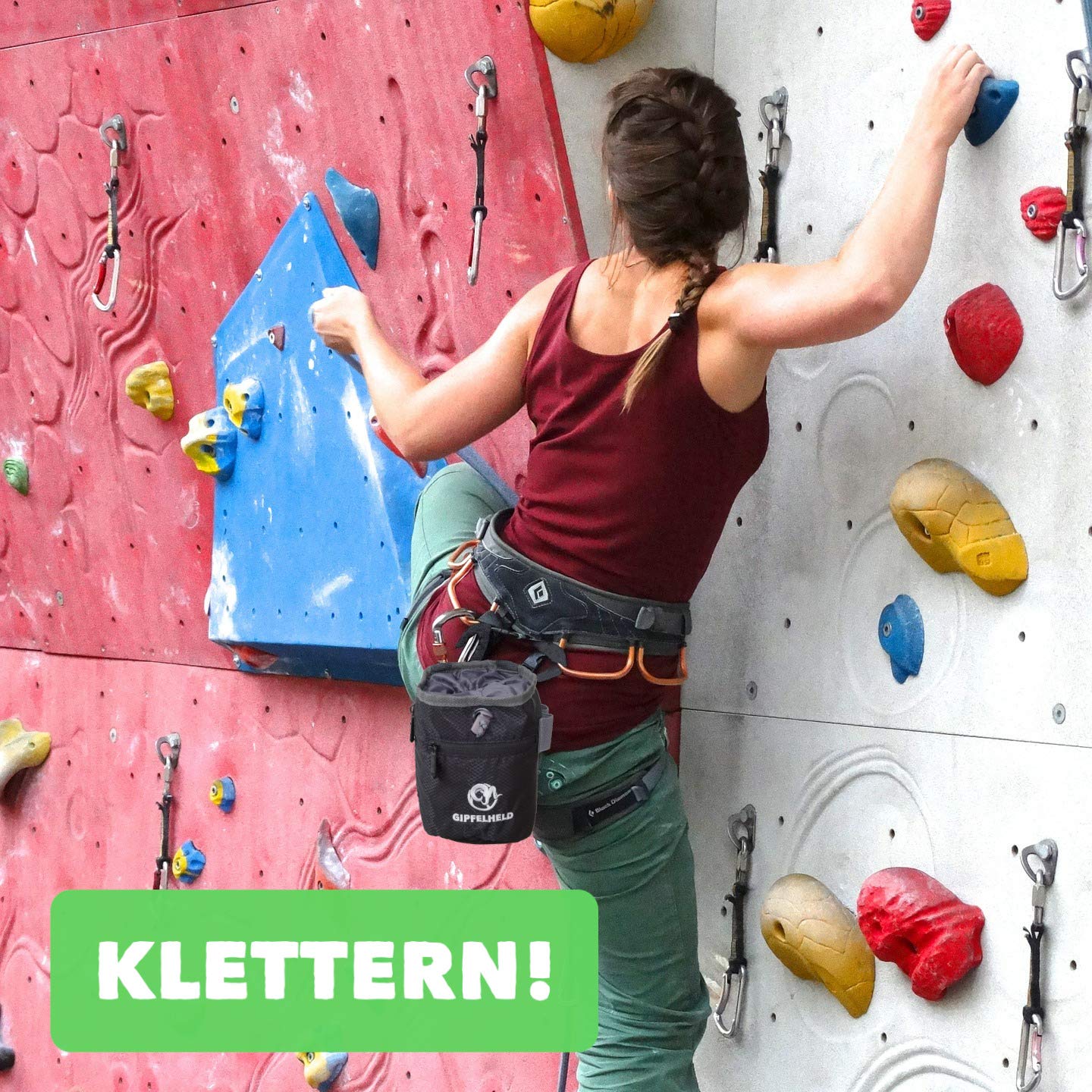 GIPFELHELD Zestaw kredek ze szczotką do wspinaczki i boulderingu, torba magnezowa z karabińczykiem, paskiem biodrowym i 2 kieszeniami, torba kredowa również do crossfitu i podnoszenia ciężarów