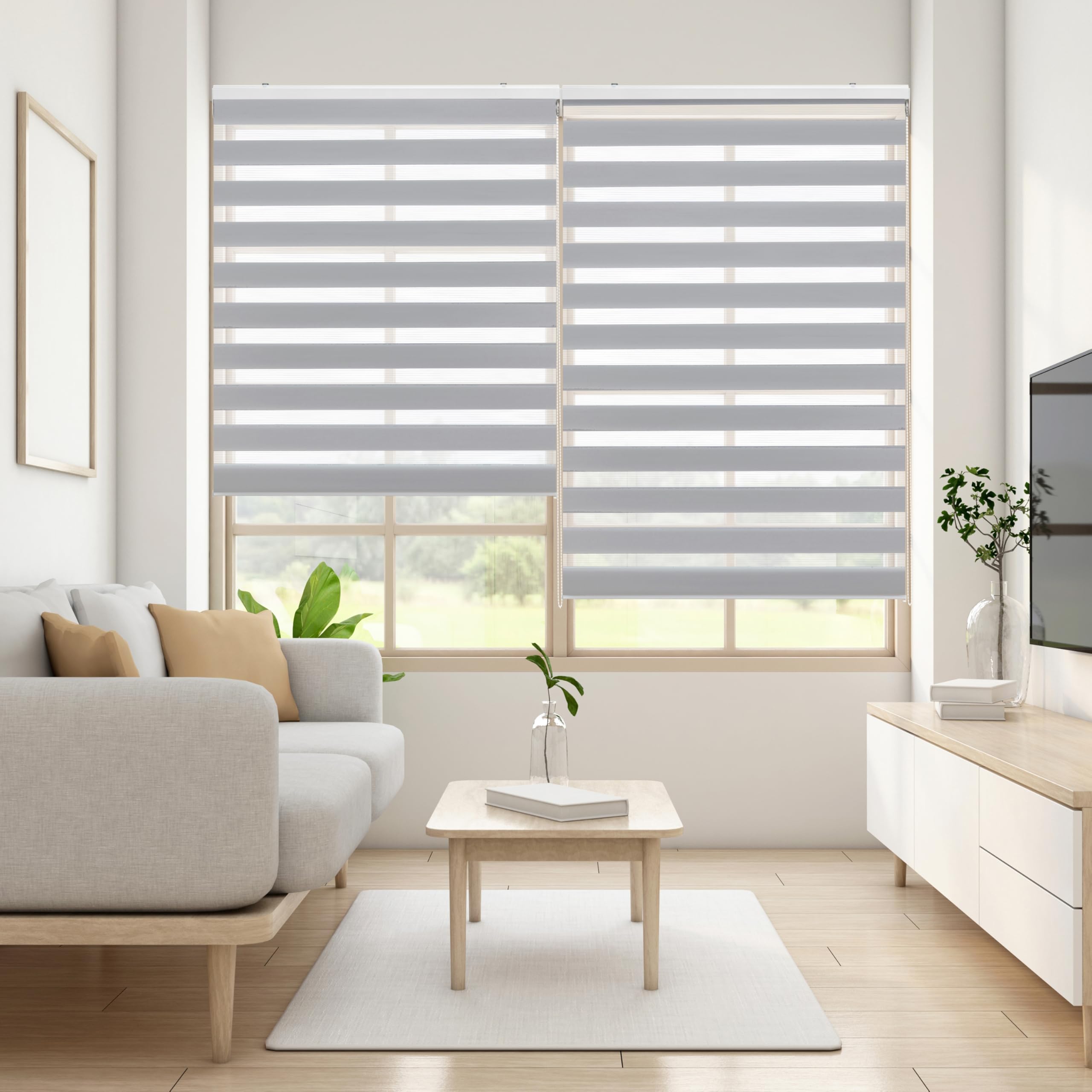 Blindecor LIRA Double Layer Roller Blind, Night and Day, Silver Grey, 90 x 180 cm