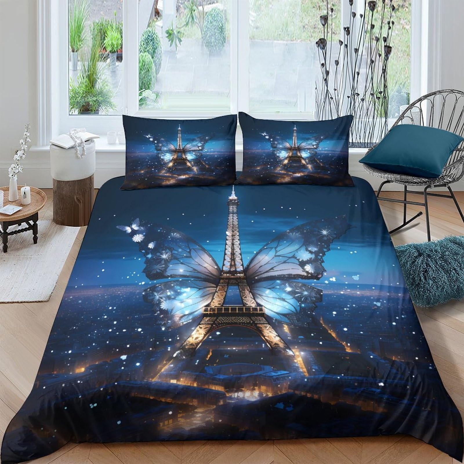 Ctjqhvkz Style-5 3D Printed Eiffel Tower Night Sky Fitted Sheet Microfiber Soft Bed Sheet Butterfly Blue Mattress Cover For Bedroom Decor Single（135X200cm）