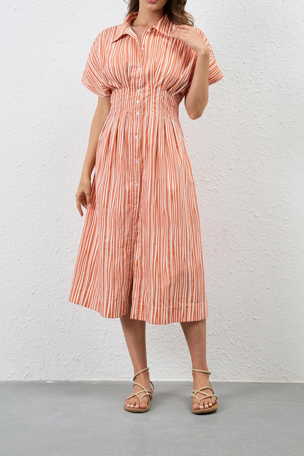 Women Striped Button Down Pleated Shirt Dress Summer Short Sleeve Ruffle A Line Swing Long Blouse Midi Long Dress - Image 3