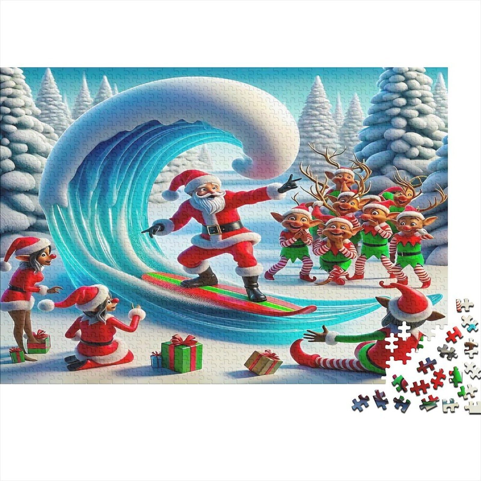 Santa Surfing Christmas Snow 1000 Piece Jigsaw Puzzle Paper for Adults Night Puzzle Game 38x26cm/1000pcs