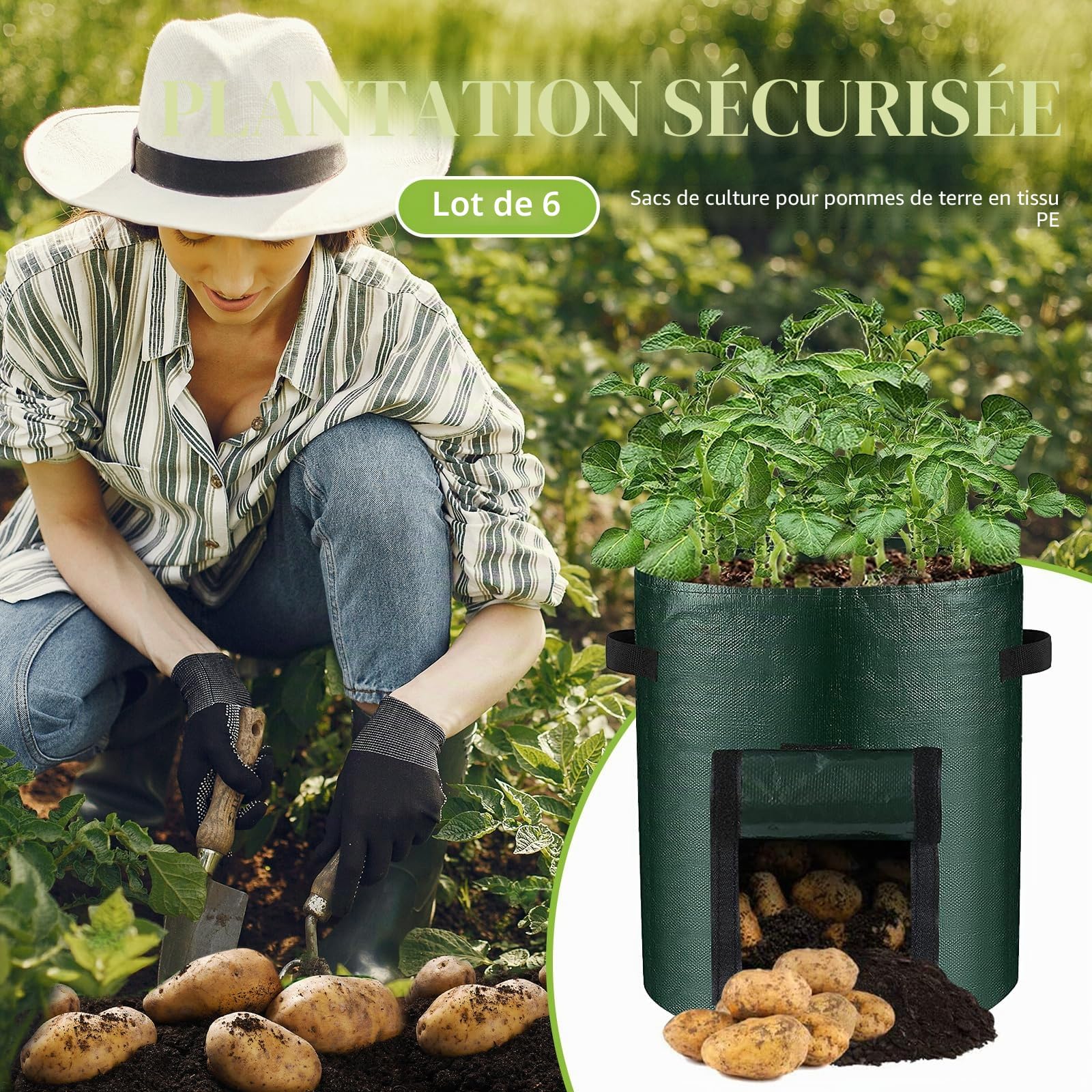 LITLANDSTAR Lot de 6 sacs de culture de pommes de terre, sacs de culture de 57 litres sacs de plantation de jardin avec fenêtres à rabat et poignées, sacs de culture de légumes pour pommes de terre